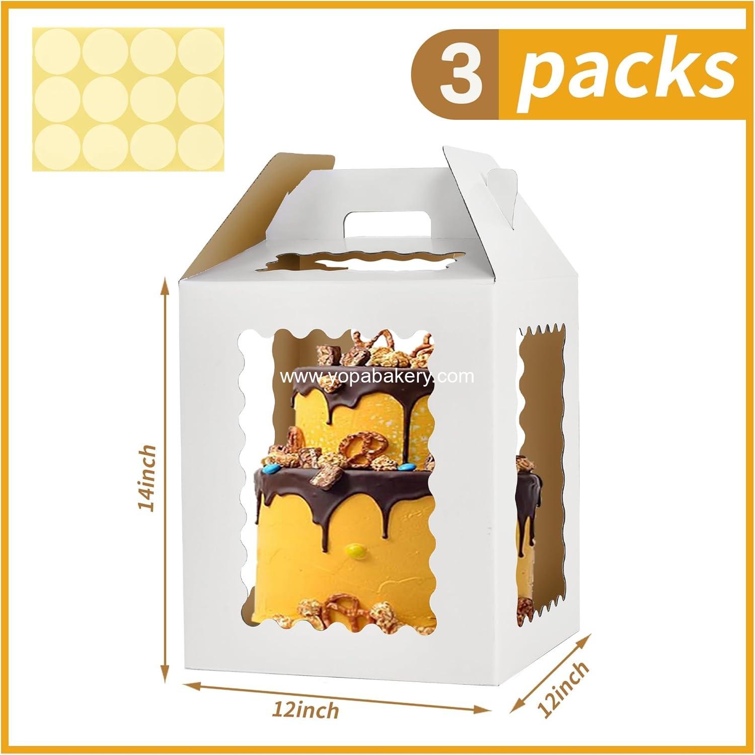 Wholesale 12-inch Tall Cake Boxes with 6 Windows and Handle, 12x12x12 Square Tiered Cake Carriers, Large Take Out Transport Containers for 10