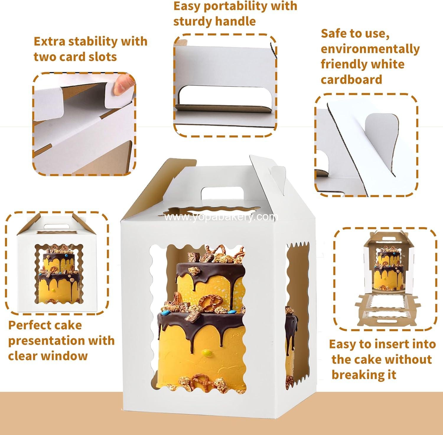 Wholesale 12-inch Tall Cake Boxes with 6 Windows and Handle, 12x12x12 Square Tiered Cake Carriers, Large Take Out Transport Containers for 10