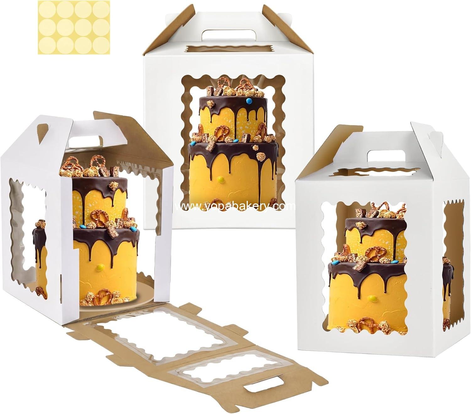 Wholesale 12-inch Tall Cake Boxes with 6 Windows and Handle, 12x12x12 Square Tiered Cake Carriers, Large Take Out Transport Containers for 10" & 12" Cakes (3 Pack - White) Factory