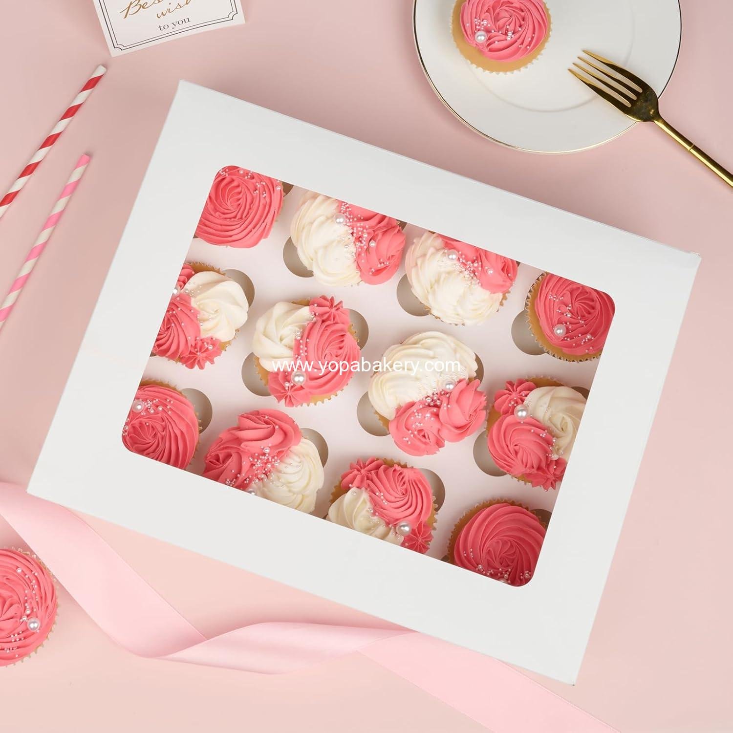 Wholesale 12 Count Cupcake Boxes - 4 Pack Auto-Popup White Containers with Window and Inserts for Dozen Cupcakes and Muffins - Factory