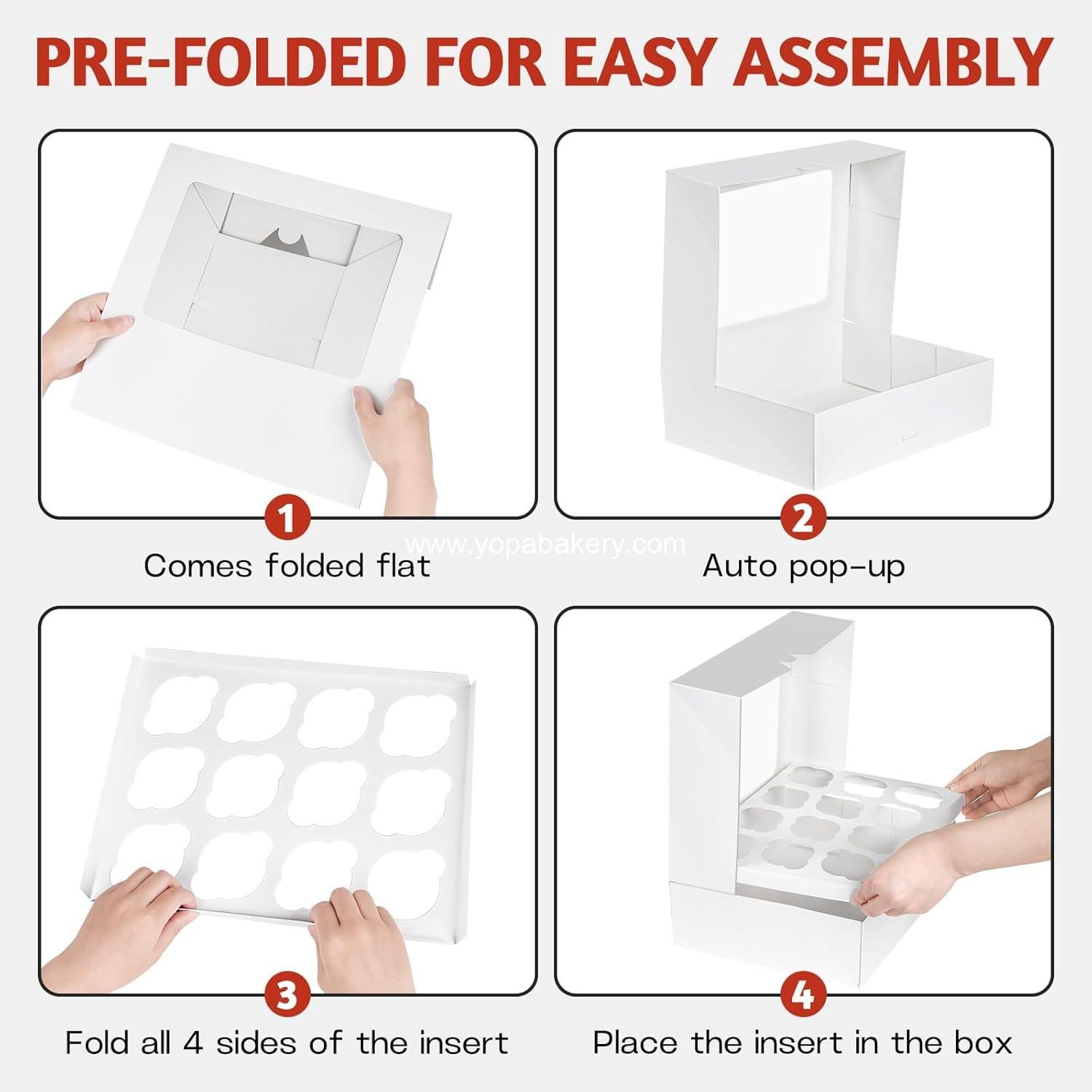 Wholesale 12 Count Cupcake Boxes - 4 Pack Auto-Popup White Containers with Window and Inserts for Dozen Cupcakes and Muffins - Factory