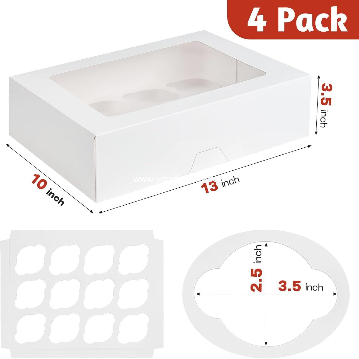 Wholesale 12 Count Cupcake Boxes - 4 Pack Auto-Popup White Containers with Window and Inserts for Dozen Cupcakes and Muffins - Factory