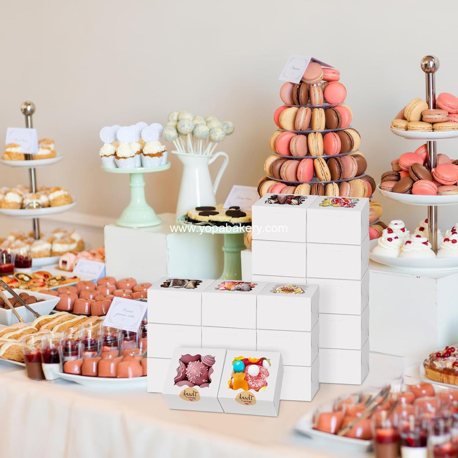 Wholesale 24pcs White Cookie Boxes 4x4x2.5 Inches Bakery Boxes with Window for Mini Cakes Treats Desserts Pastries Donuts Macarons Strawberries Chocolate Candy (with Stickers) Manufacturer Wholesale 24pcs White Cookie Boxes 4x4x2.5 Inches Bakery Boxes with Window for Mini Cakes Treats Desserts Pastries Donuts Macarons Strawberries Chocolate Candy (with Stickers) Manufacturer