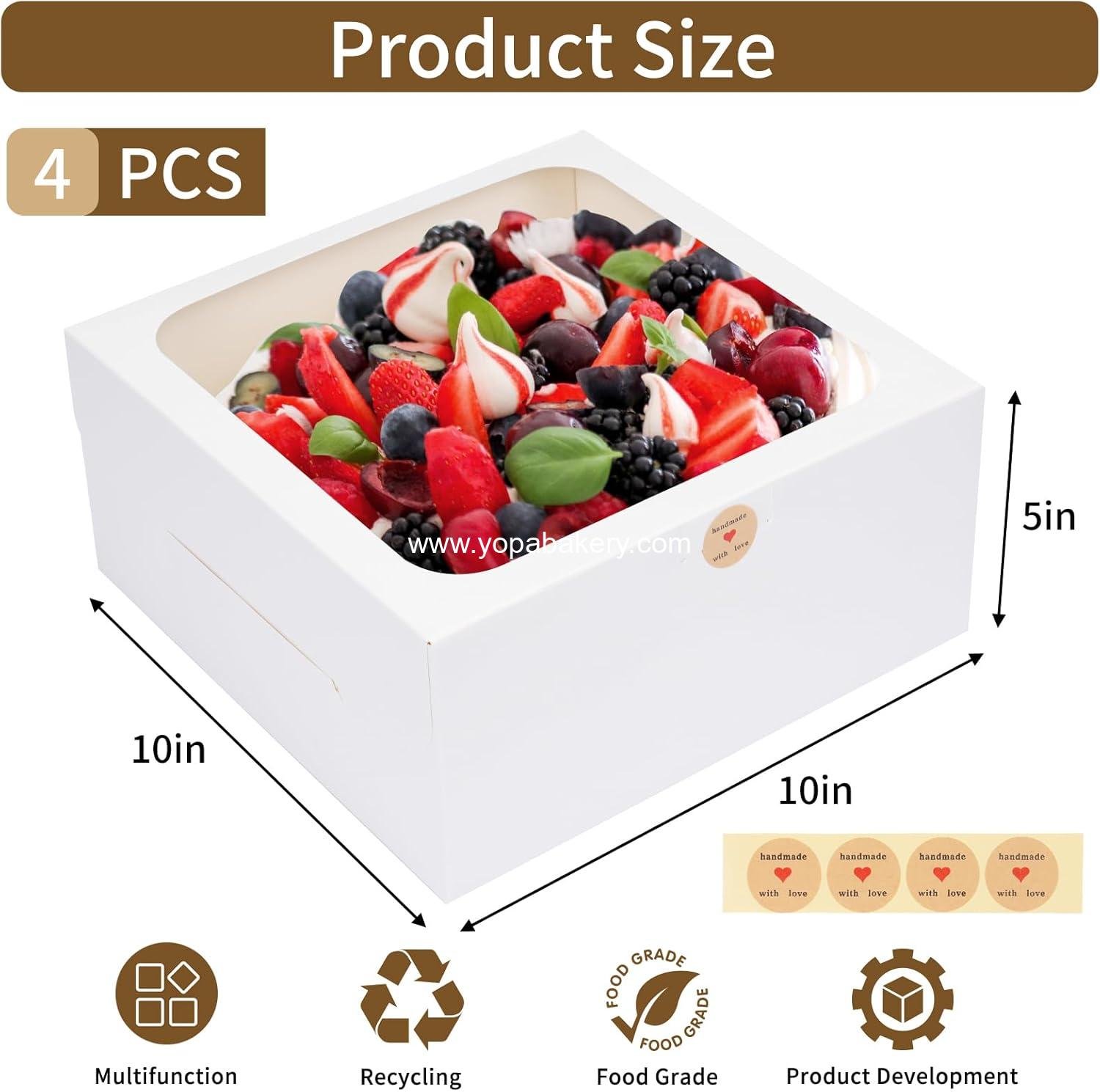 Wholesale 4 Pack Cake Boxes with Window, 10x10x5 Inches White Bakery Containers, 10 Inch White Cake Carrier, Disposable Bakery Boxes for Valentine's Day, Mother's Day, Cupcakes, Cookies, Pies, Pastries, Factory