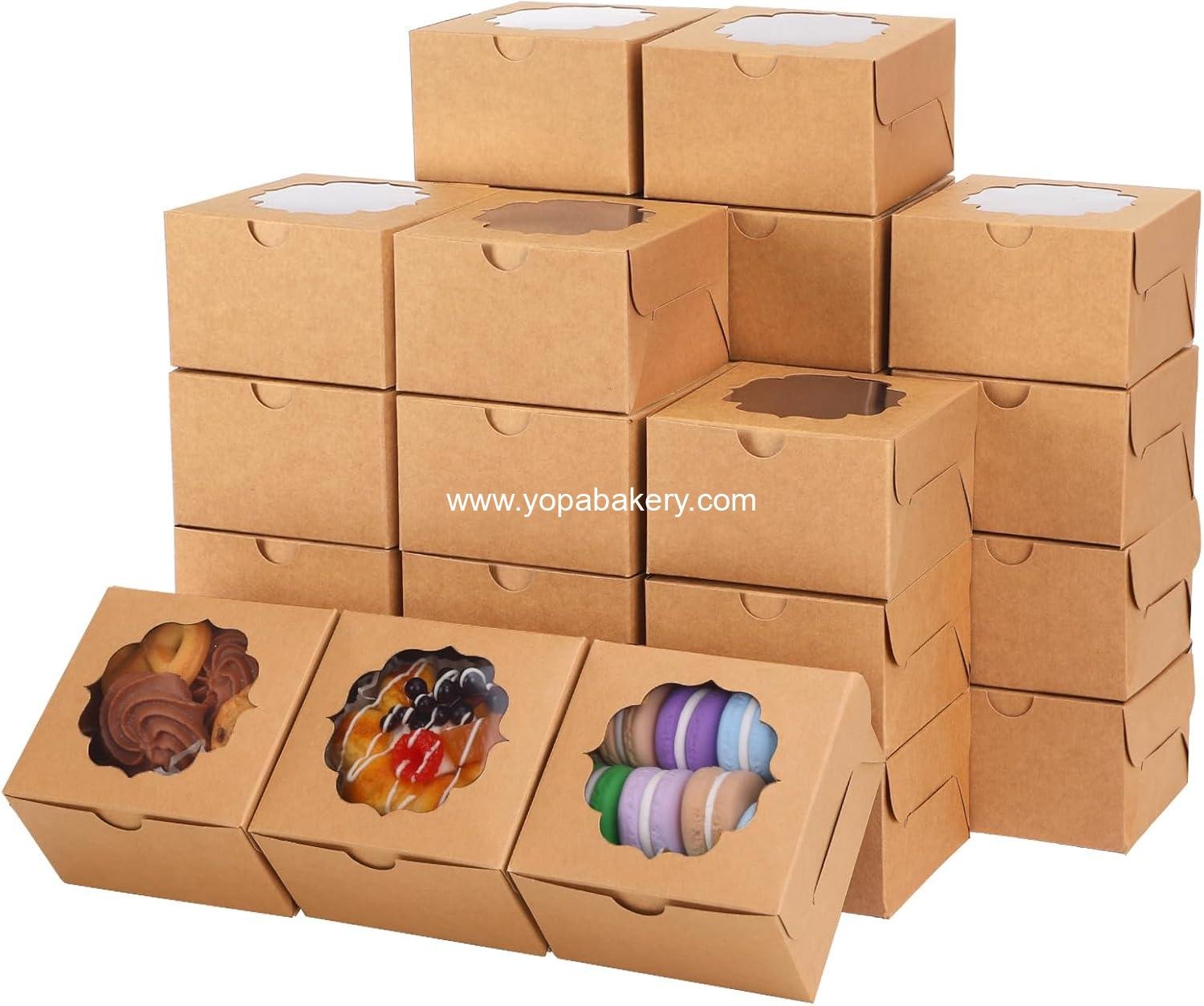 TOMNK 100pcs 4x4x2.5 Small Cookie Boxes, Mini Dessert Boxes with Window for Cupcakes, Macarons, Chocolate,Strawberries, Muffins(Kraft Paper)