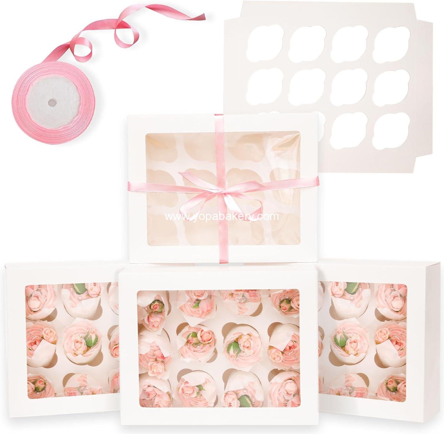 Wholesale Auto-pop Up Cupcake Boxes with Window - 12PCS White 13"x10"x3.5" Cupcake Carrier with Pink Ribbons - Cupcake Containers Factory