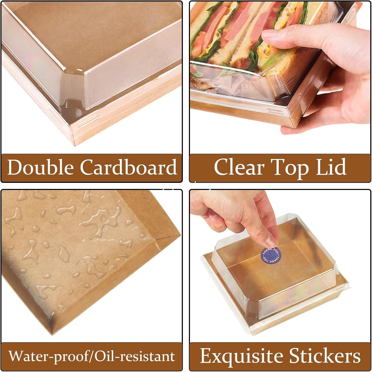 Wholesale 100 Pack Charcuterie Boxes with Clear Lids, 5-Inch Kraft To Go Paper Bakery Boxes with 500 Stickers and Jute Rope, Disposable Brown Dessert Containers for Sandwiches, Cookies, and Cake Slices - Factory