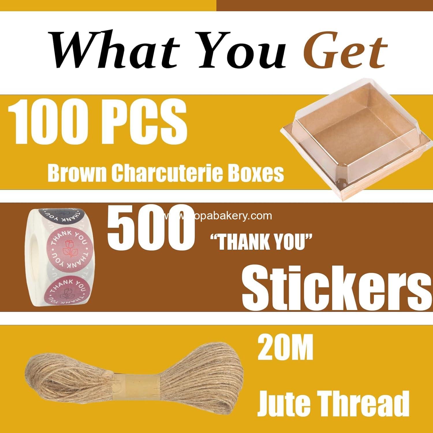 Wholesale 100 Pack Charcuterie Boxes with Clear Lids, 5-Inch Kraft To Go Paper Bakery Boxes with 500 Stickers and Jute Rope, Disposable Brown Dessert Containers for Sandwiches, Cookies, and Cake Slices - Factory