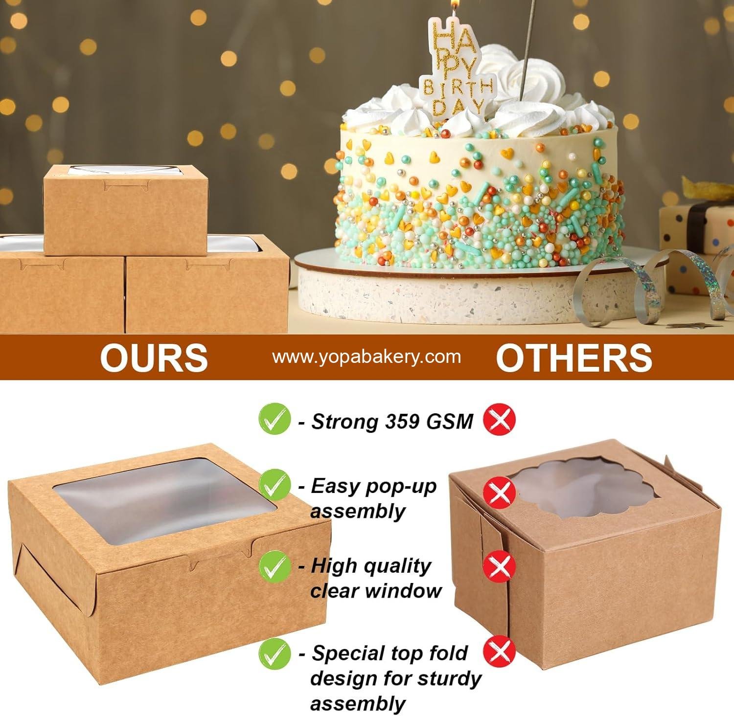 Wholesale 50 PCS Cupcake Boxes with Window, 6x6x3 Inch Cookie Containers, Brown Bakery Boxes for Pastry, Desserts, Chocolate Strawberries, Treat Boxes with Stickers & Jute Twine Factory