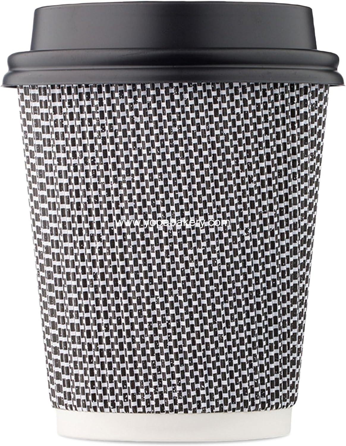 [150 SET]Harvest Pack 8 oz Disposable Coffee Cups, Insulated Ripple Double-Walled Paper Cup with Lid, Black and White Geometric, Tea Hot Chocolate Drinks To go coffee cups