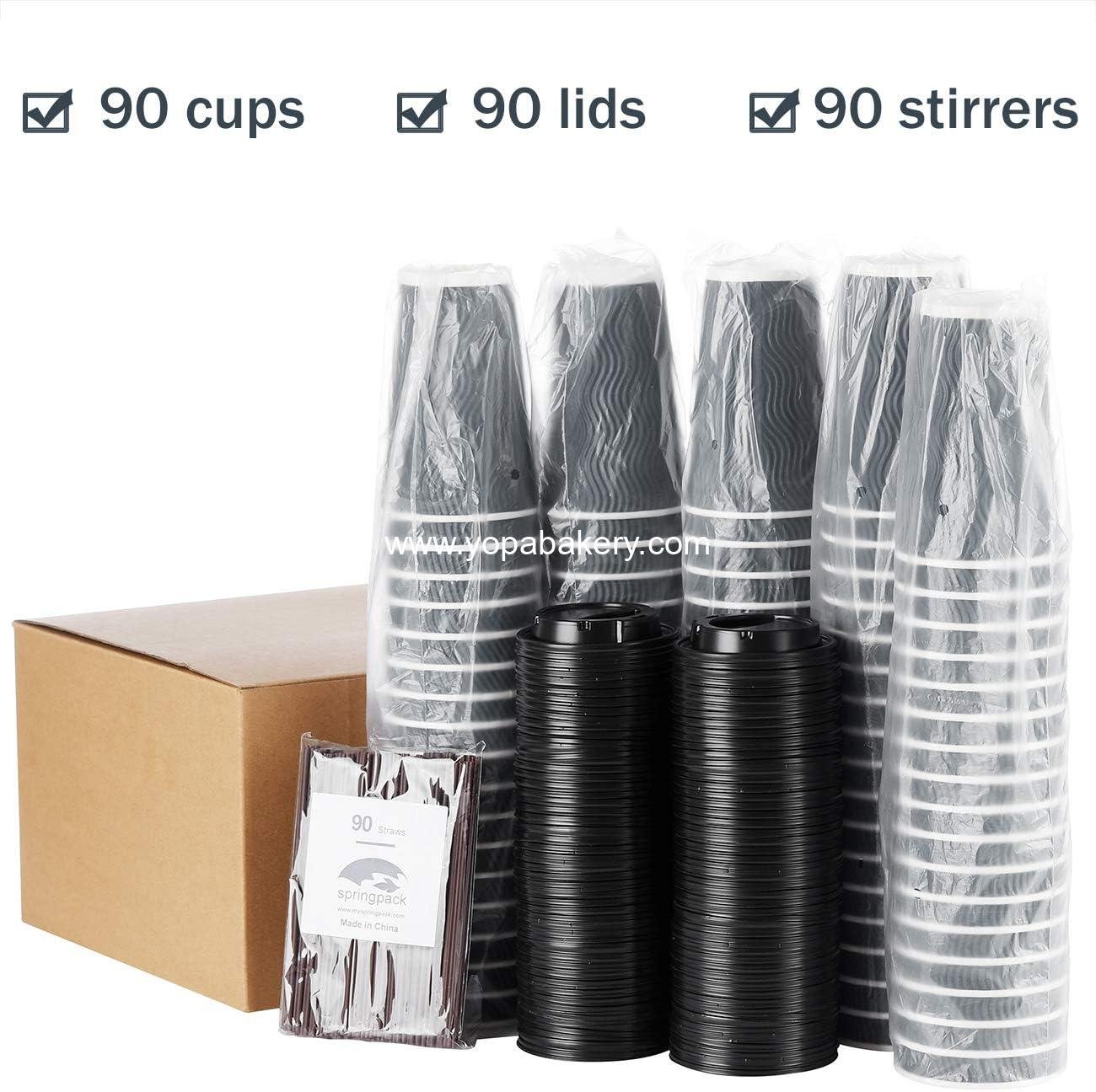 Wholesale Disposable Coffee Cups with Lids and Straws - 16 oz (90 Set) Hot Paper Coffee Cups for Espresso, Tea, and Cold Drinks - Insulated Ripple Cups Protect Fingers from Heat Factory