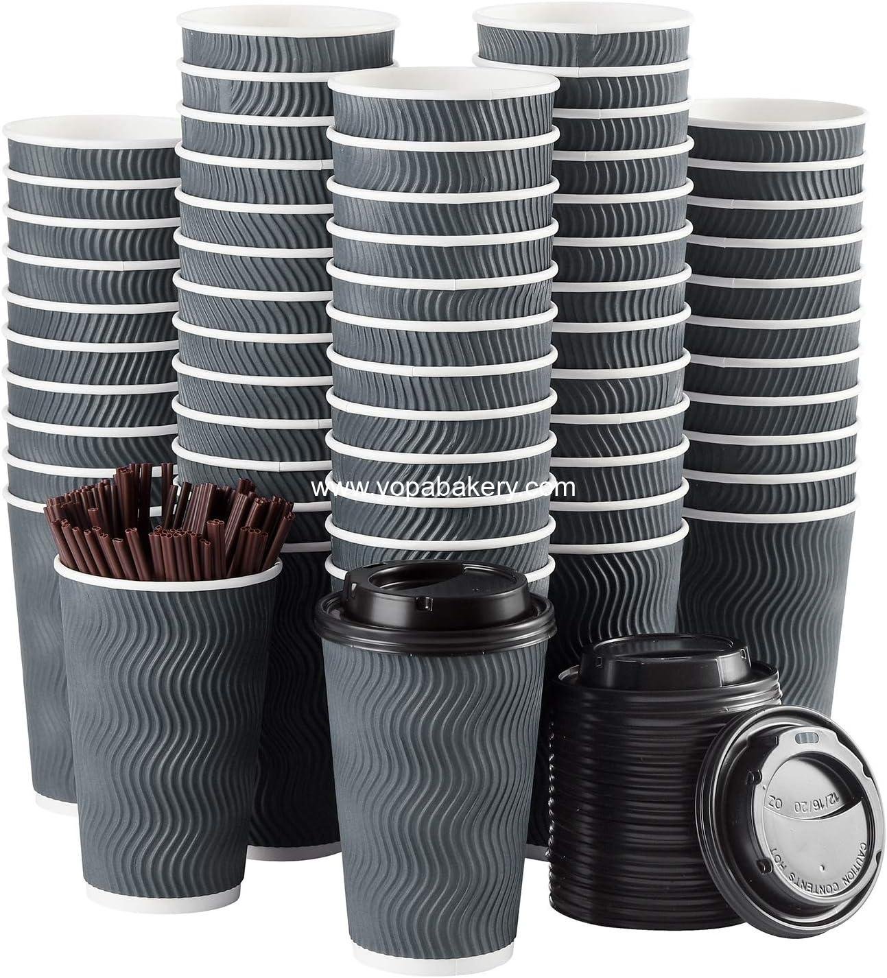 Disposable Coffee Cups with Lids and Straws - 16 oz (90 Set) Togo Hot Paper Coffee Cup with Lid To Go for Beverages Espresso Tea Insulated Reusable Cold Drinks Ripple Cups Protect Fingers From Heat
