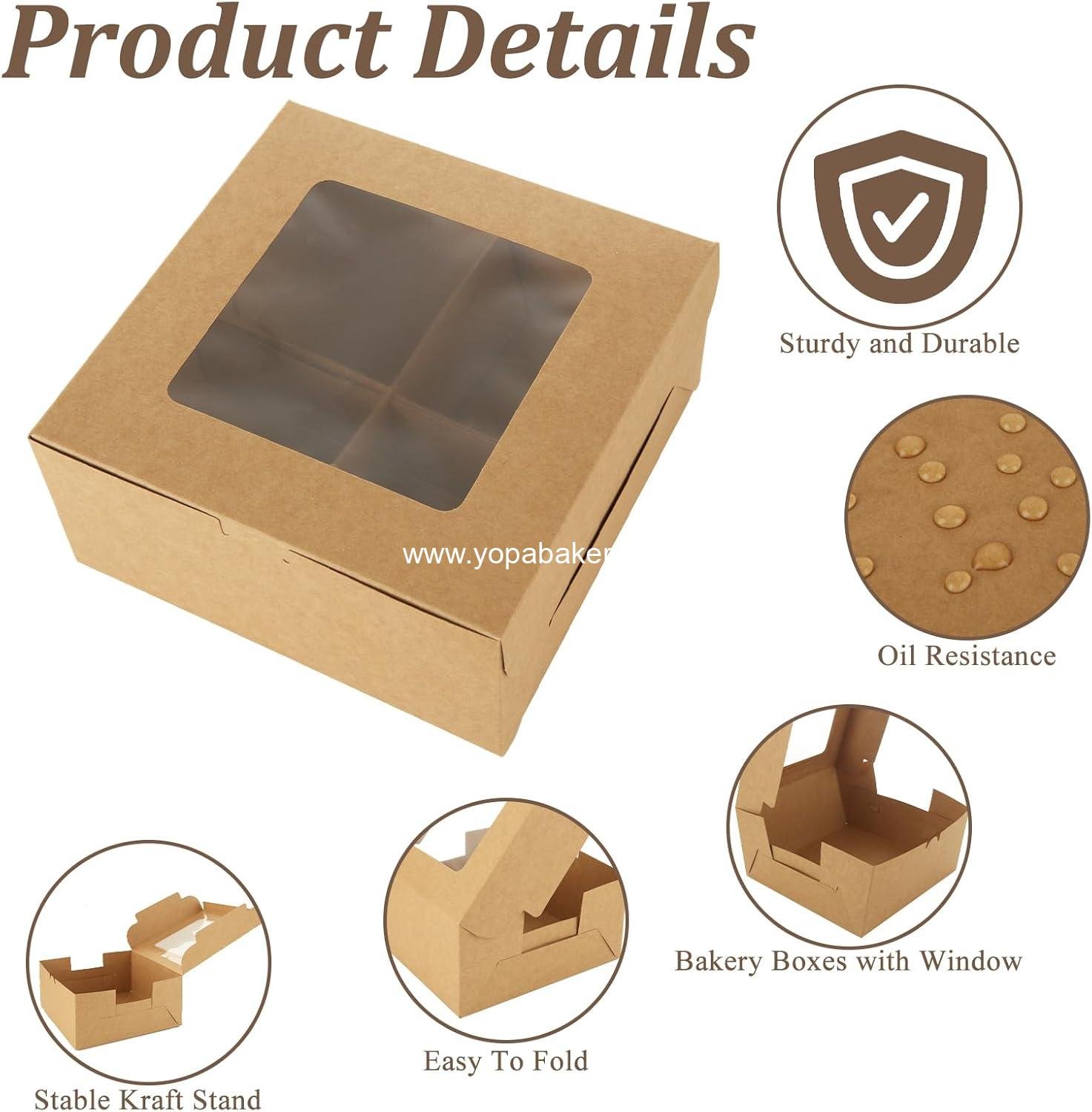 Wholesale 50 Pcs Muffin Boxes 4 Count, 6 x 6 x 3 Inch Bakery Boxes with Window, Brown Cupcake Containers for Cookies, Pastries, Cakes, Dessert Treats, Factory