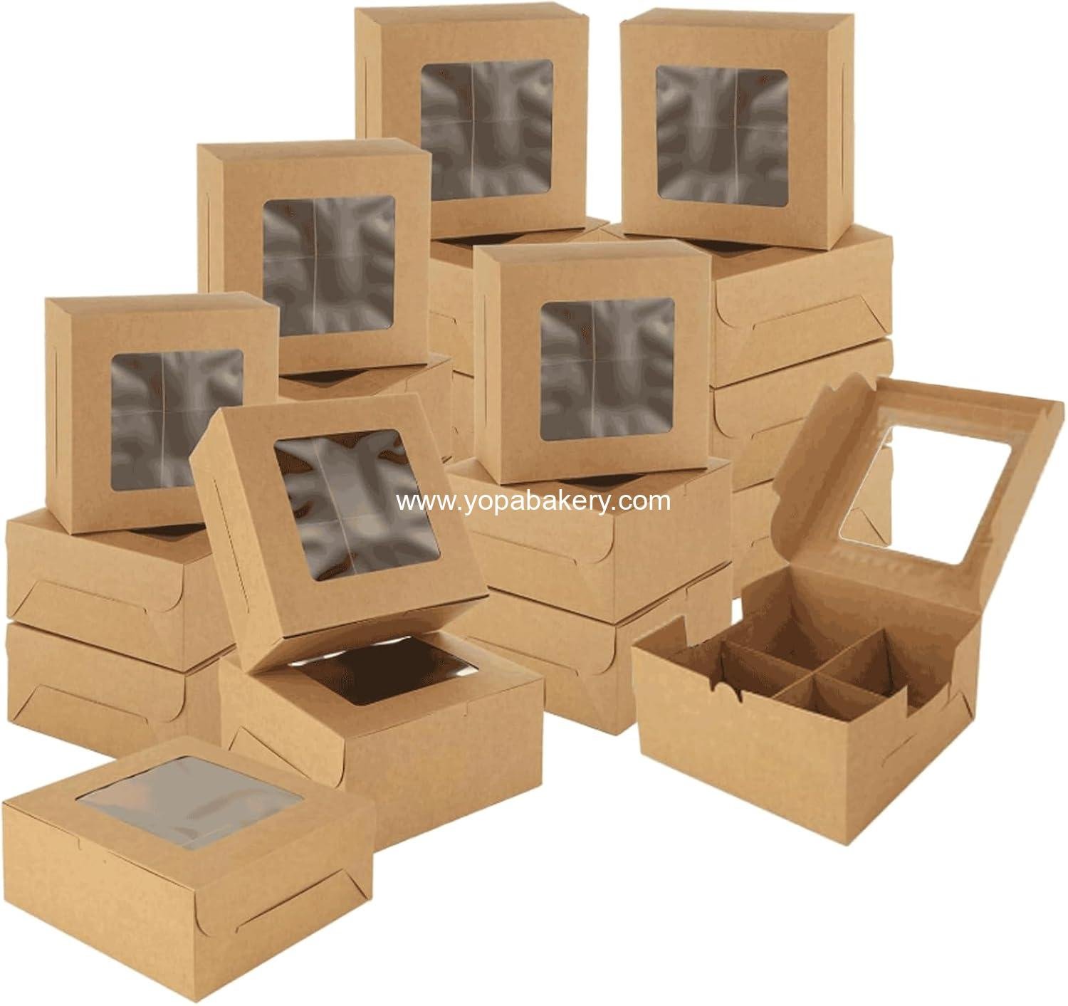 QTLCOHD 50 Pcs Muffin Boxes 4 Count, 6 x 6 x 3 Inch Bakery Boxes with Window, Brown Cupcake Containers for Cookie Pastries Cake Dessert Treat