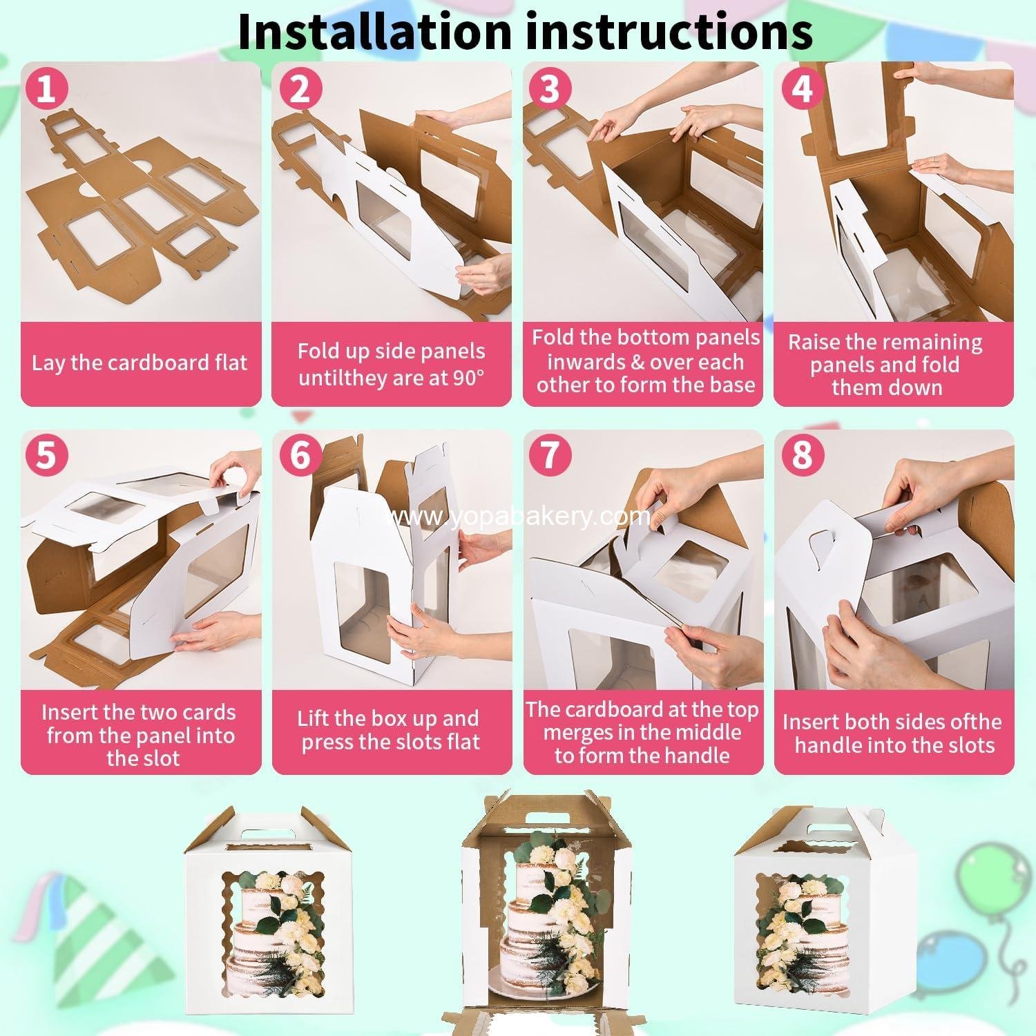 Wholesale 3 Pack Tall Cake Boxes 12x12x12 Inch with Windows, 10in 12in Large Tiered Cake Carrier, Disposable Baking Carrier with Handle for Wedding and Birthday, Factory