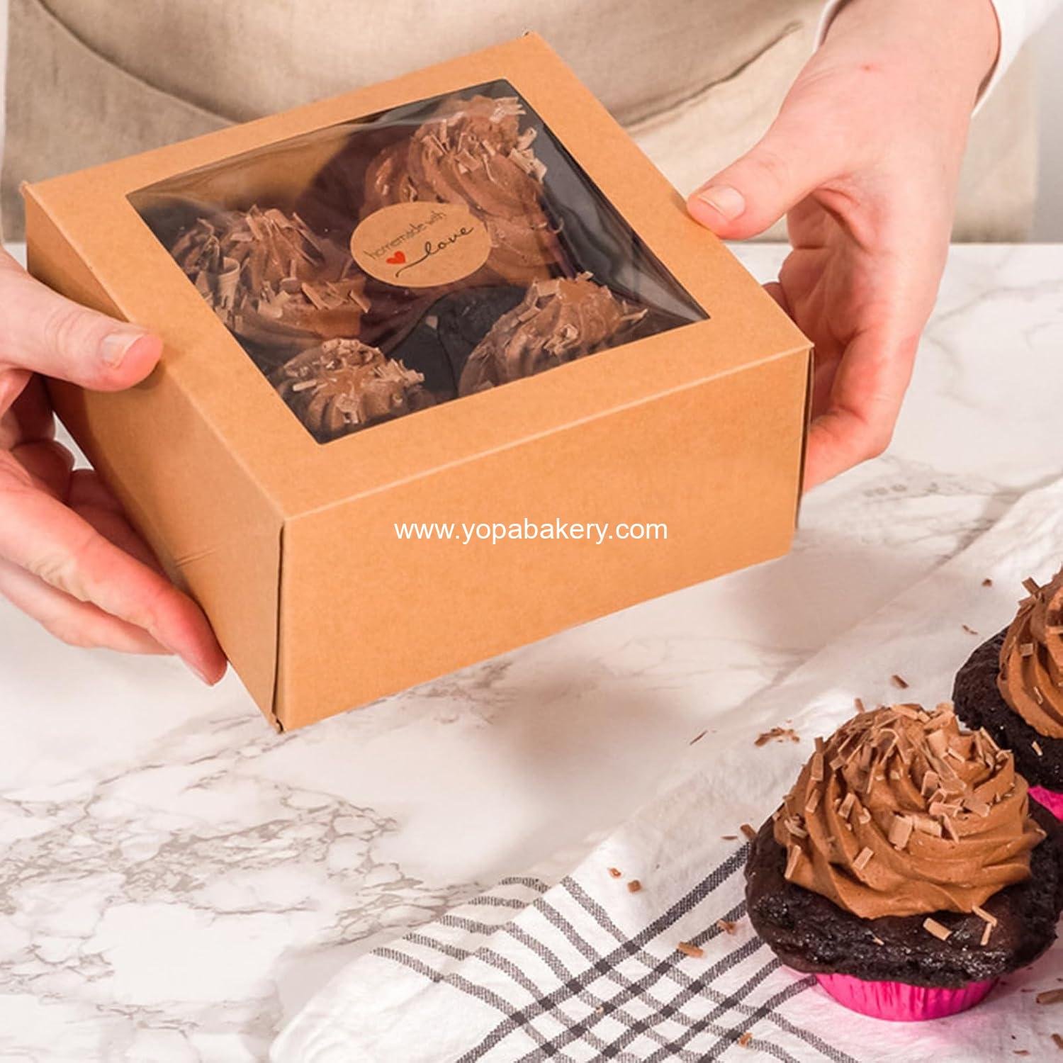 Wholesale 40 Pack Muffin Boxes, 4-Count, 6 x 6 x 3 Inch Cupcake Boxes, Fold-Free Brown Jumbo Muffin Containers with Window for Cookie, Pastry, Cake, and Dessert Packaging - Factory
