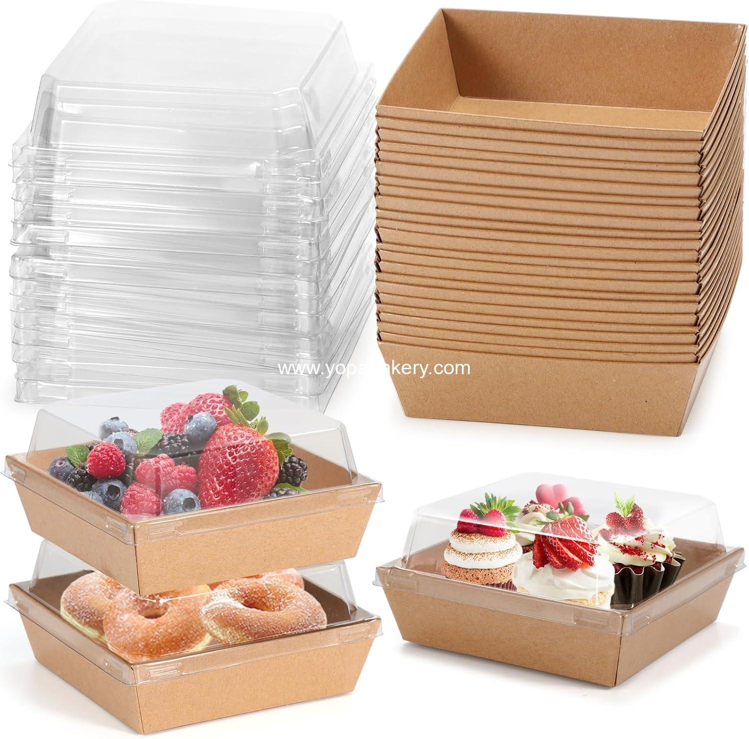 Charcuterie Boxes with Clear Lids, 4.5x4.5 Inches 100 Pack Mini Brown Dessert Boxes Disposable Square Bakery Boxes to Go Food Containers for Home, Wedding Party, Strawberries, Donuts & Cookies