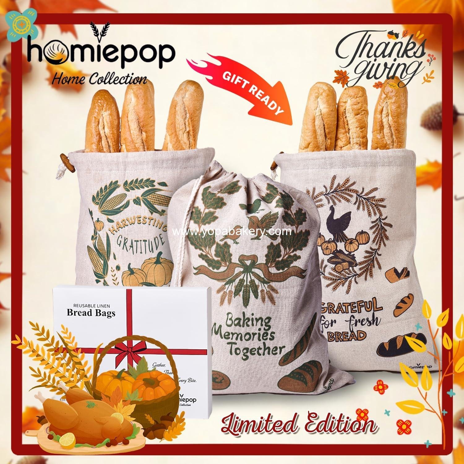 Wholesale Reusable Linen Bread Bags with Drawstring 17 x 13 Inch Festive Thanksgiving Design Perfect for Sourdough and Homemade Breads Ready to Gift Packaging Factory