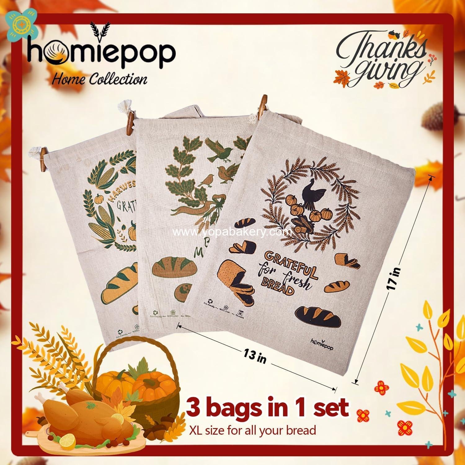 Wholesale Reusable Linen Bread Bags with Drawstring 17 x 13 Inch Festive Thanksgiving Design Perfect for Sourdough and Homemade Breads Ready to Gift Packaging Factory