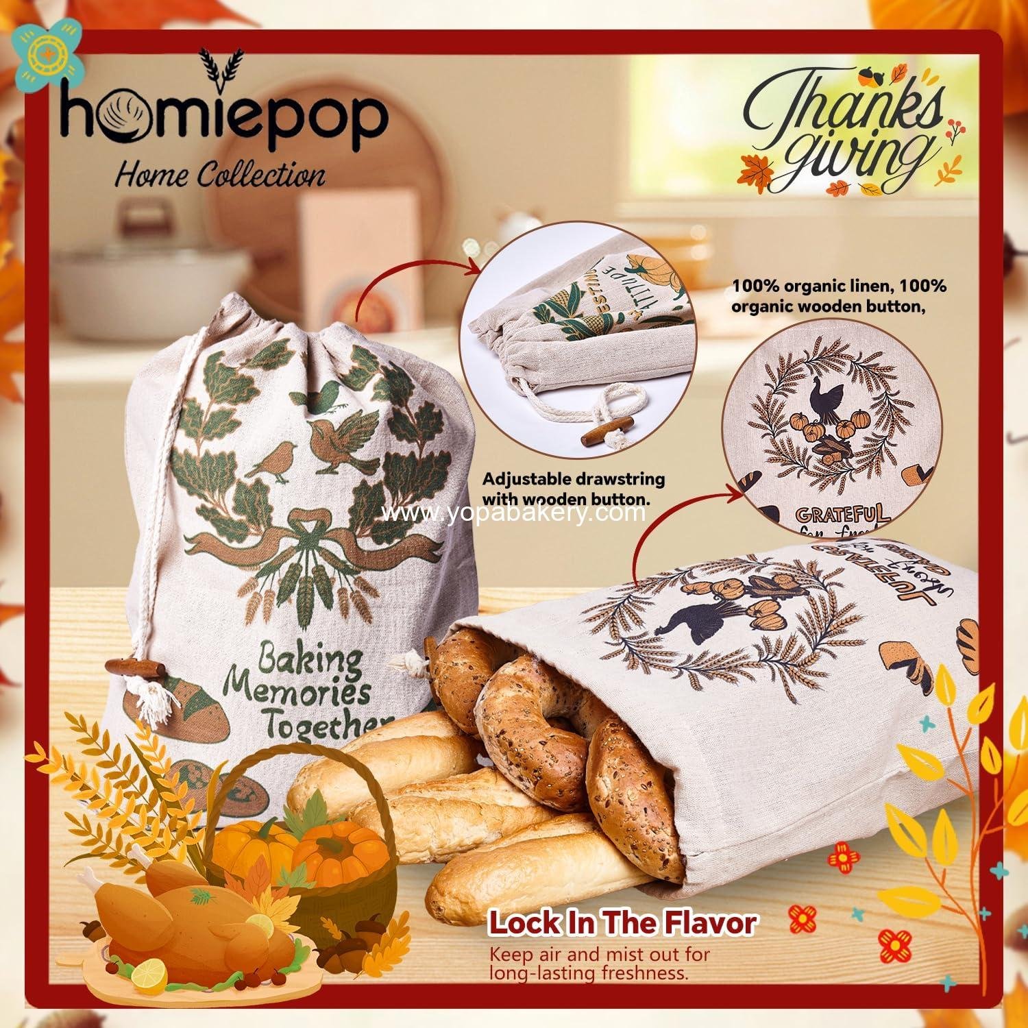 Wholesale Reusable Linen Bread Bags with Drawstring 17 x 13 Inch Festive Thanksgiving Design Perfect for Sourdough and Homemade Breads Ready to Gift Packaging Factory