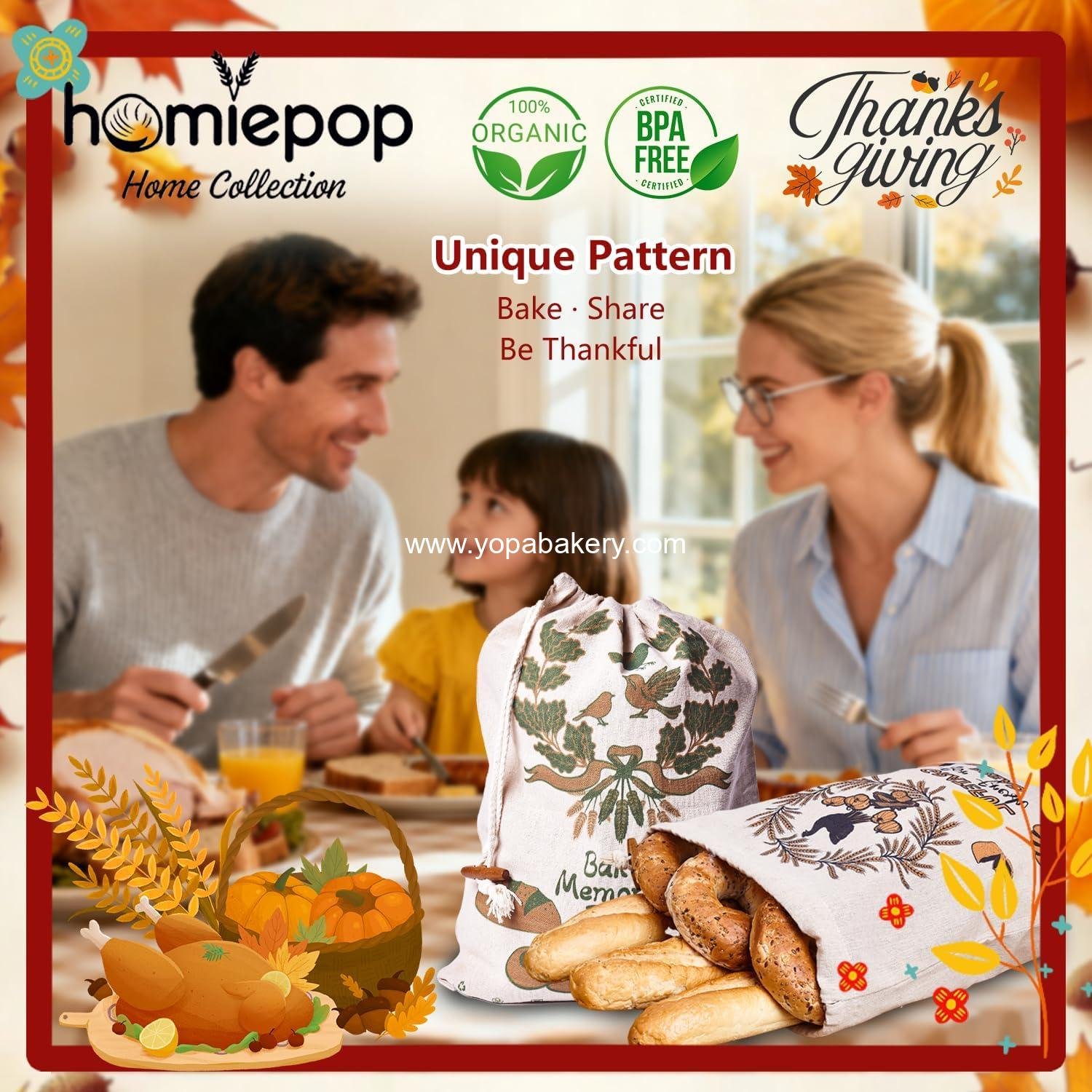 Wholesale Reusable Linen Bread Bags with Drawstring 17 x 13 Inch Festive Thanksgiving Design Perfect for Sourdough and Homemade Breads Ready to Gift Packaging Factory