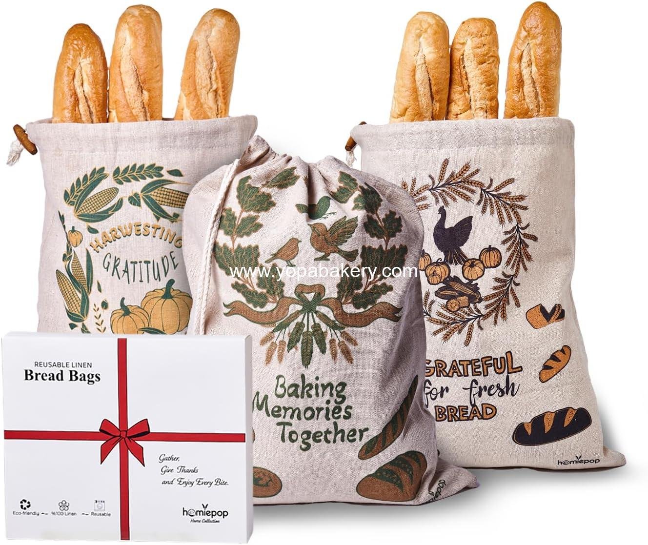 Bread Bags for Homemade Bread – 3Pcs Linen Reusable Bread Bags with Drawstring Closure – Festive Thanksgiving Design 17 x 13 Inch Sourdough Bag in Ready to Gift Packaging Box