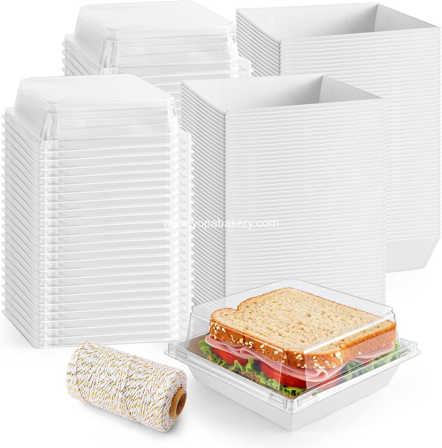 100 Pack Charcuterie Boxes with Clear Lids, 4.7 Inch Paper Bakery Boxes with Rope, Disposable Square Dessert Box, To Go Food Containers for Sandwich Cake Slice Cookies Dessert (White)