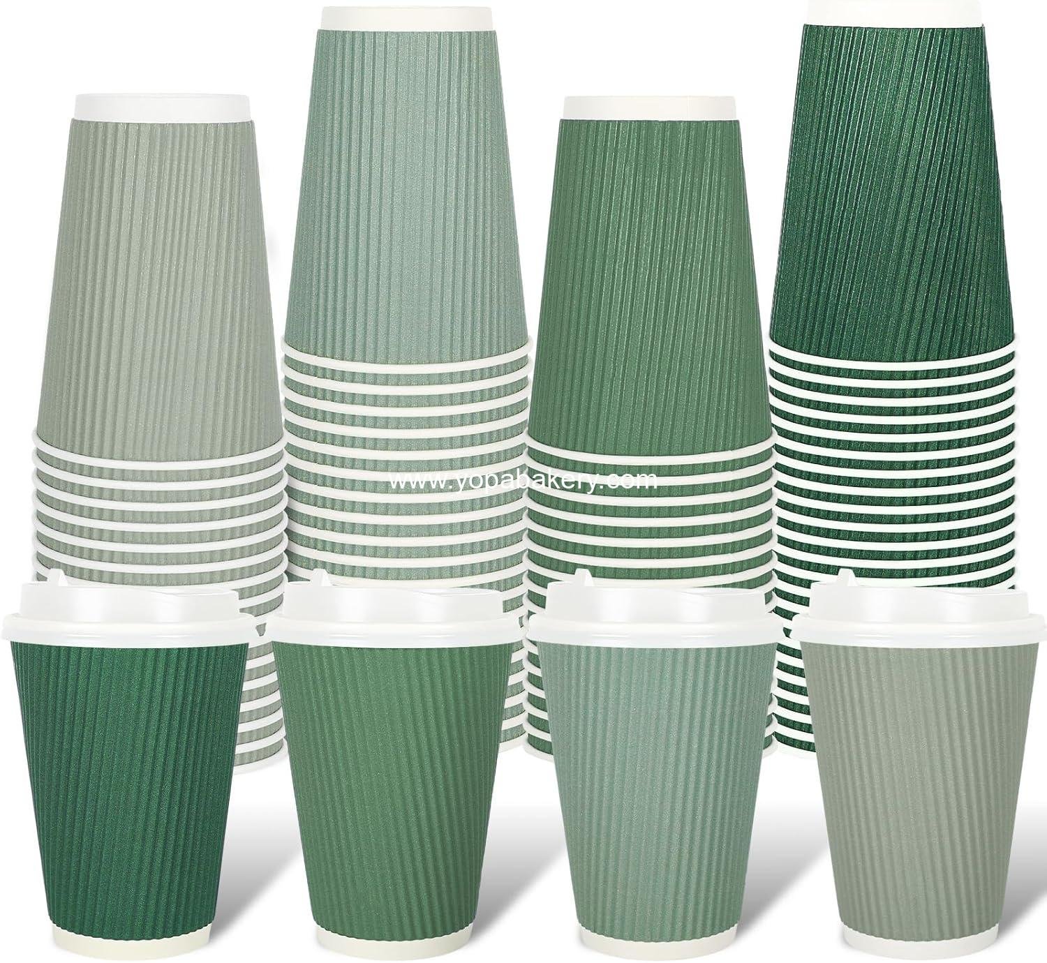 Whaline 100Pcs Sage Green Disposable Coffee Cups with Lids 12oz Gradient Green Paper Cups Corrugated Ripple Wall Insulated Hot Cups for Home Office Party Supplies