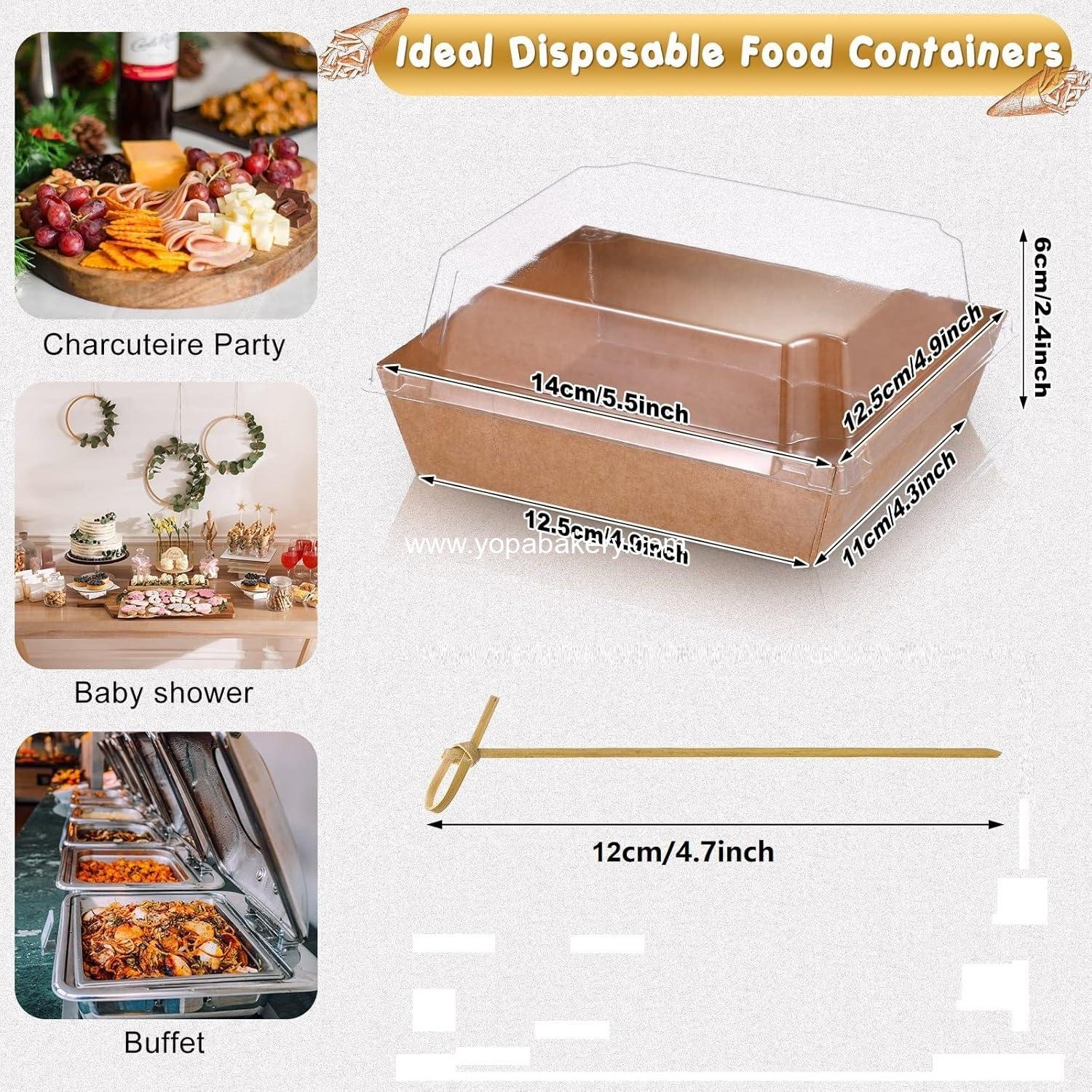 Wholesale 200 Disposable Charcuterie Boxes with Clear Lids Bakery Dessert Cookie Cake Salad Sandwich Food Containers 100 Brown Square Containers 100 Bamboo Skewers supplier