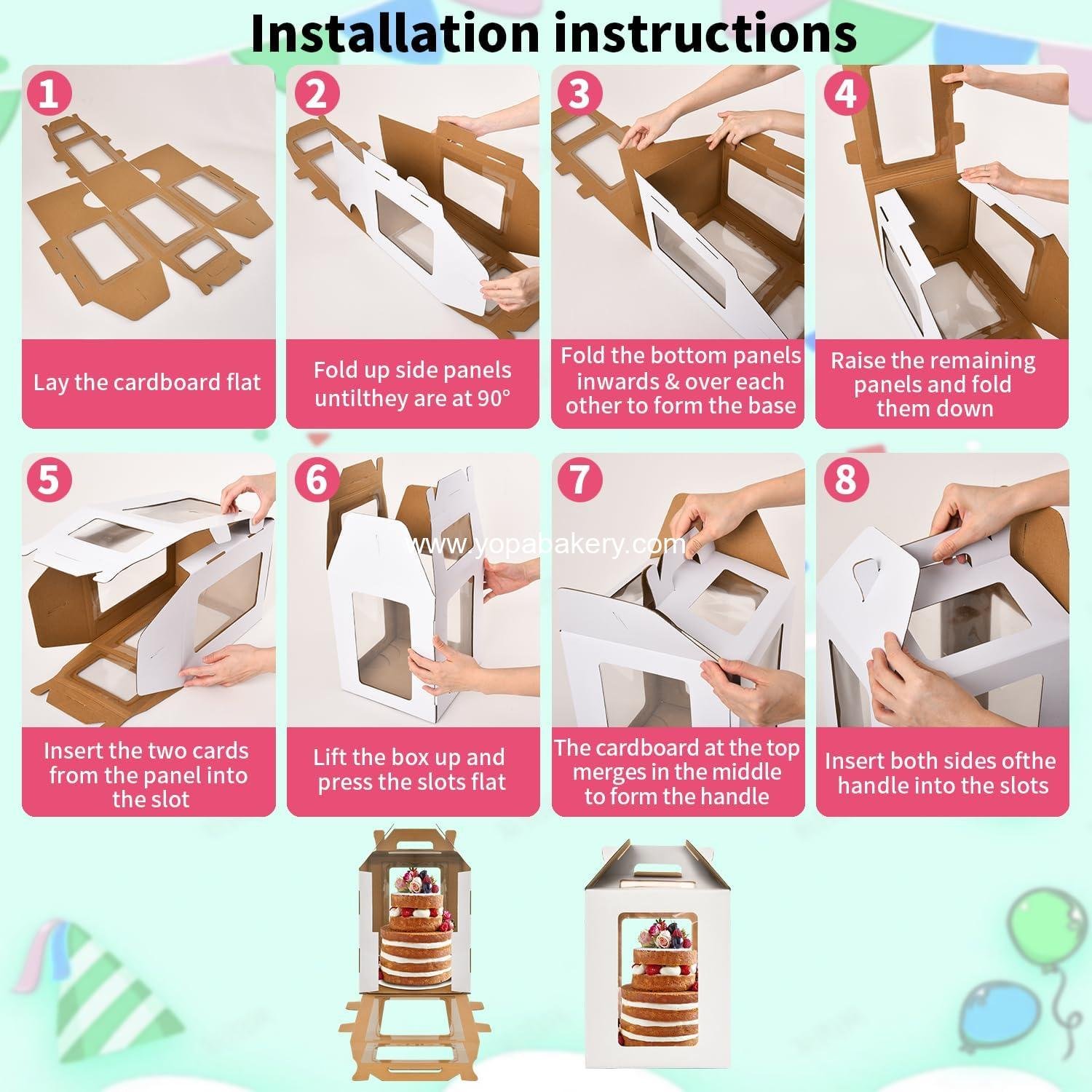 Wholesale 12inch Tall White Cake Boxes 6 Window Handle 12x12x12 Tiered Square Carrier for 10