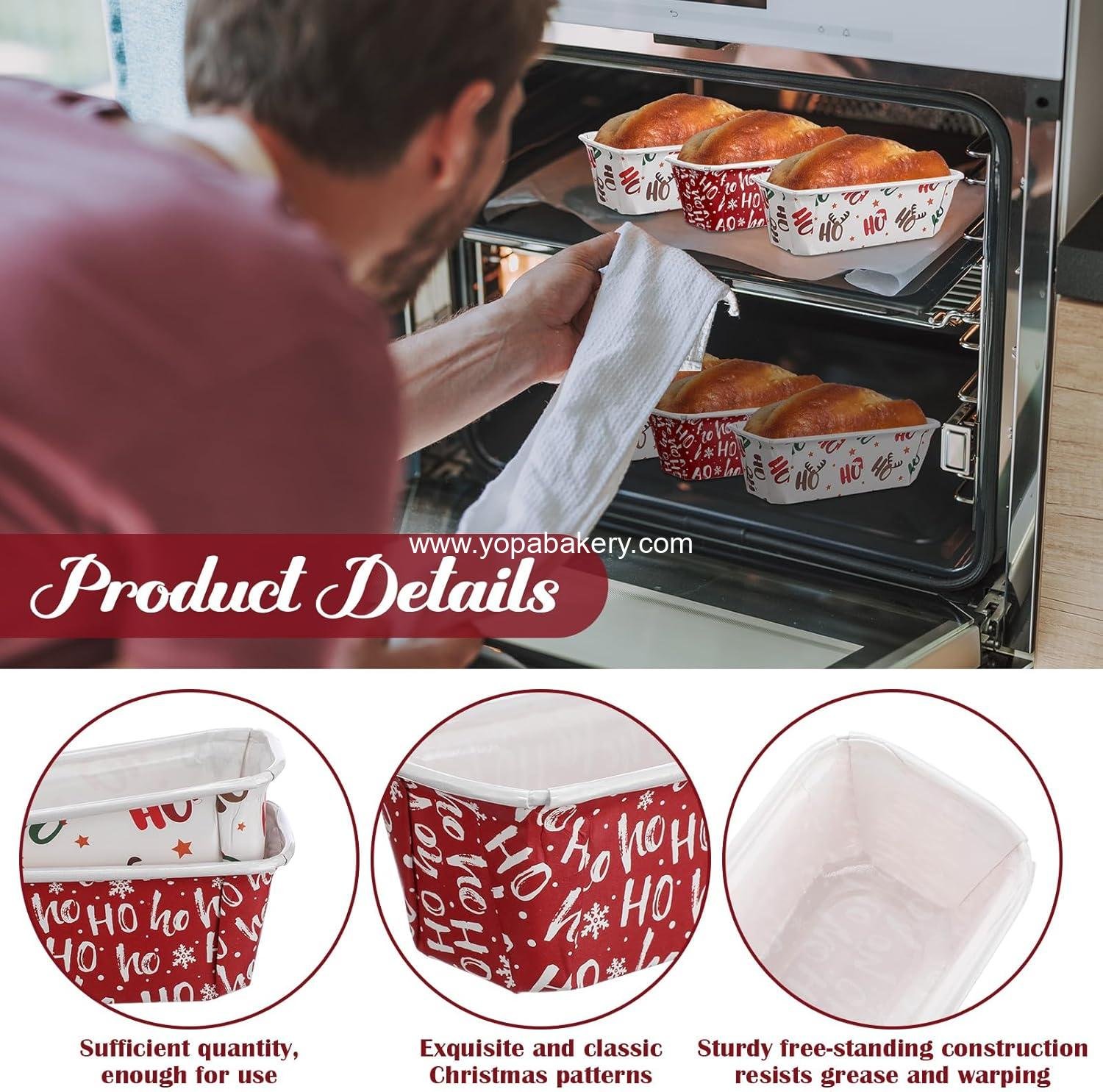 Wholesale 50 Sets 6.3x2.2x2.2 Inch Christmas Mini Disposable Paper Loaf Pans with Clear Plastic Bags Ties Stylish Baking Containers for Bread Cake supplier