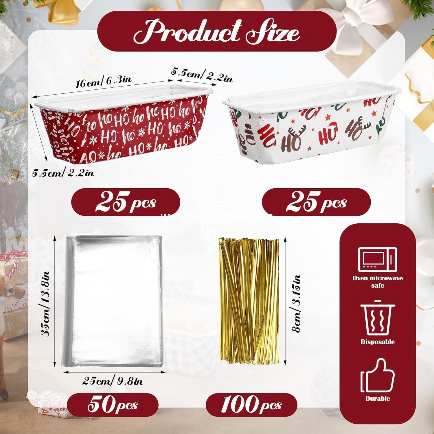 Wholesale 50 Sets 6.3x2.2x2.2 Inch Christmas Mini Disposable Paper Loaf Pans with Clear Plastic Bags Ties Stylish Baking Containers for Bread Cake supplier