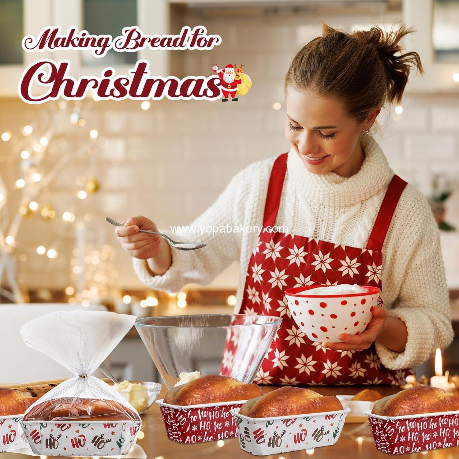 Wholesale 50 Sets 6.3x2.2x2.2 Inch Christmas Mini Disposable Paper Loaf Pans with Clear Plastic Bags Ties Stylish Baking Containers for Bread Cake supplier