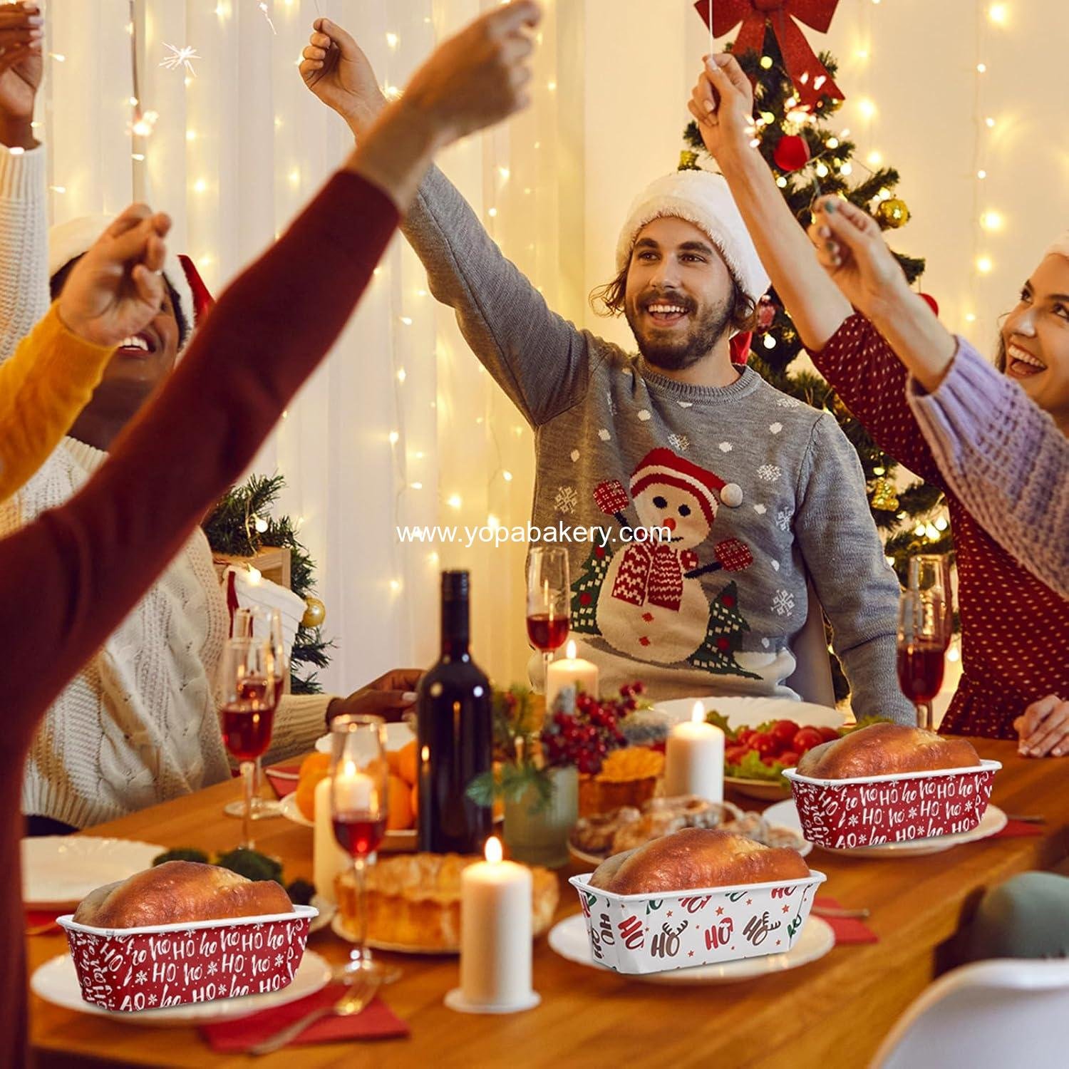 Wholesale 50 Sets 6.3x2.2x2.2 Inch Christmas Mini Disposable Paper Loaf Pans with Clear Plastic Bags Ties Stylish Baking Containers for Bread Cake supplier