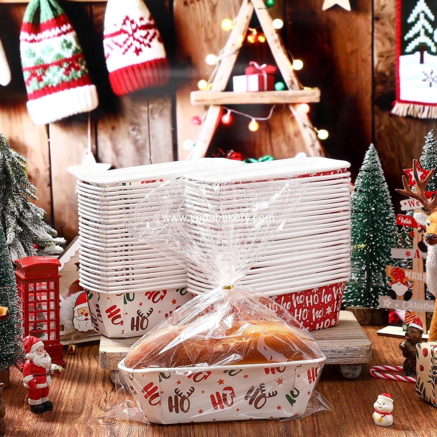 Wholesale 50 Sets 6.3x2.2x2.2 Inch Christmas Mini Disposable Paper Loaf Pans with Clear Plastic Bags Ties Stylish Baking Containers for Bread Cake supplier
