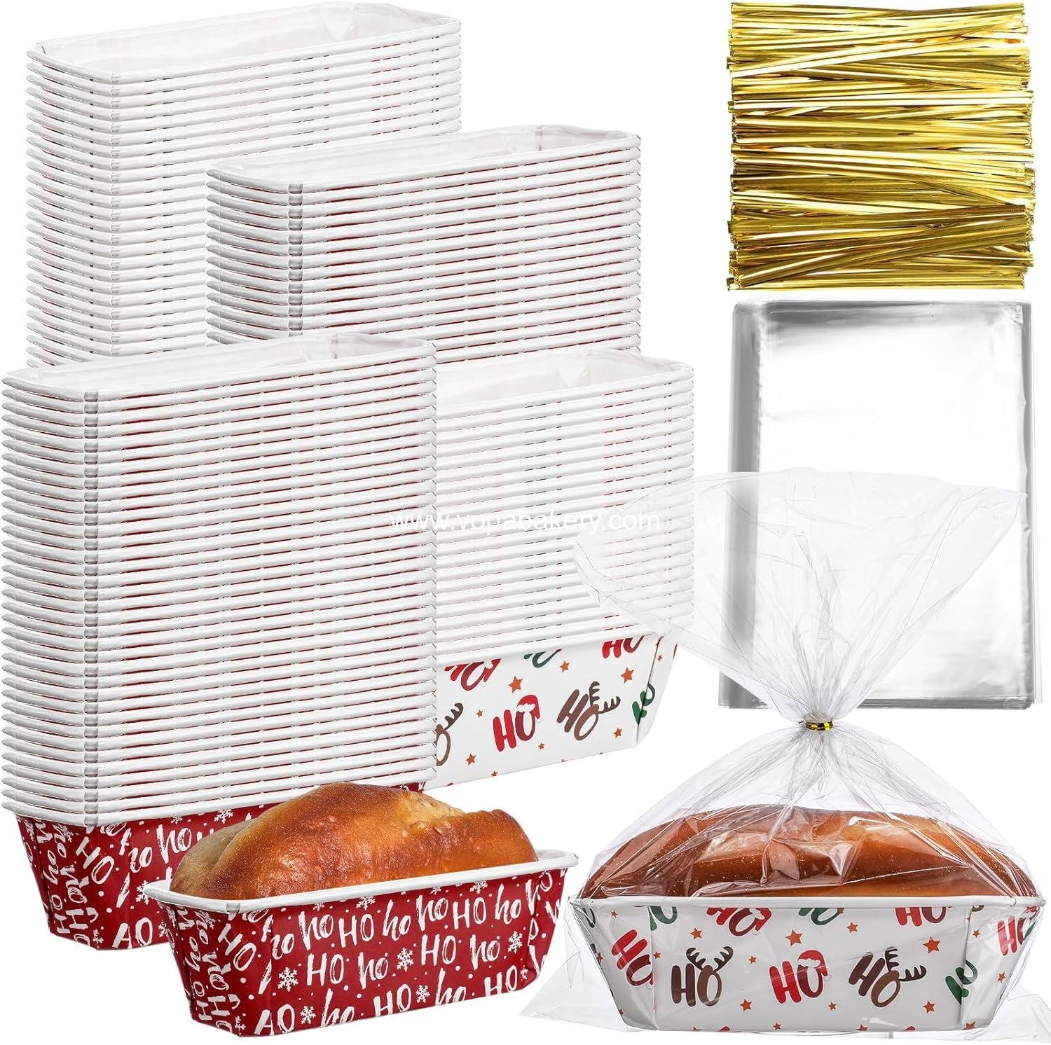 50 Sets Christmas Paper Loaf Pan 6.3 x 2.2 x 2.2 Inch Mini Disposable Bread Pans with Clear Plastic Bags and Ties Rectangle Baking Mold Loaf Containers for Bread Cake Baking(Stylish Style)