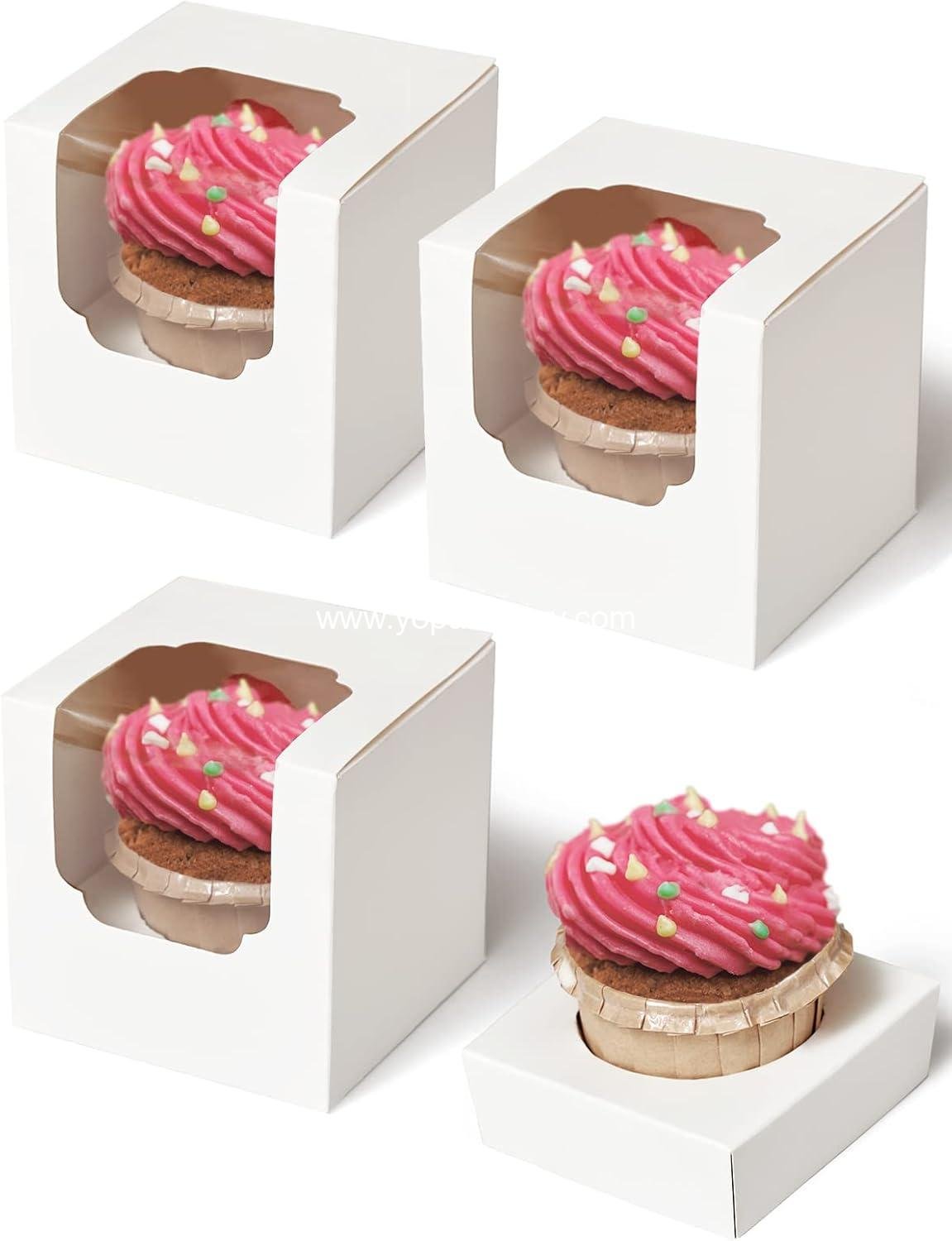 Happyhiram Cupcake Boxes 50 Pcs White Individual Cupcake Box, Single Container Cardboard Holders with Insert and Window for Muffins Cocoa Bombs Packaging Togo Boxes for Birthdays Showers Party Favors