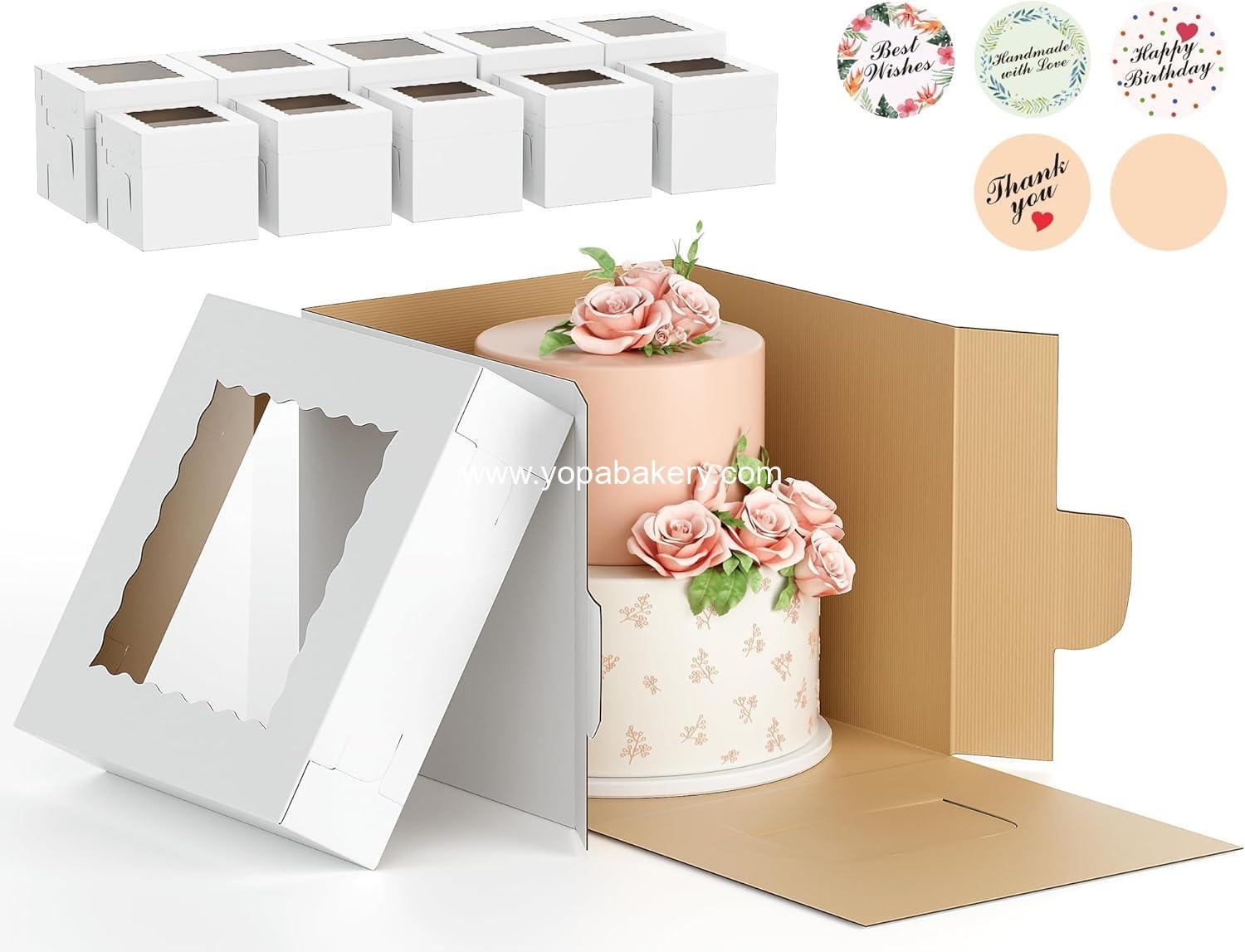 10Pcs Corrugated Cake Boxes in 2 Sizes - 12x12x12 & 10x10x10 Inch Tall Cake Box with Window, Thick Bakery Dessert Boxes, Disposable Cardboard Cake Carrier for Layer Cakes, Birthday, Wedding, Party