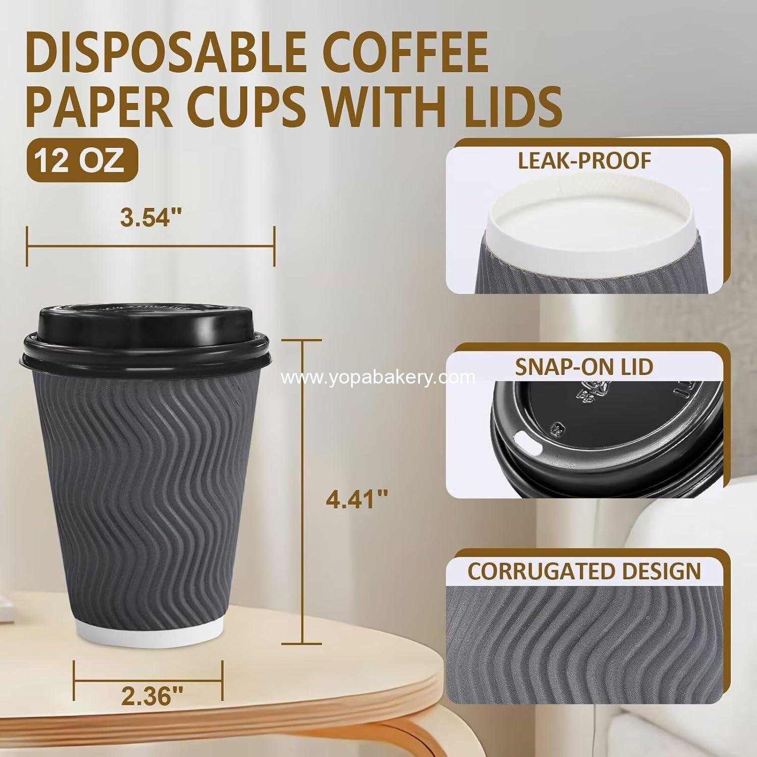 Wholesale 100 Pack 12 oz Insulated Ripple Wall Disposable Paper Coffee Cups with Lids for Hot Cold Drinks Cocoa Chocolate Grey Factory