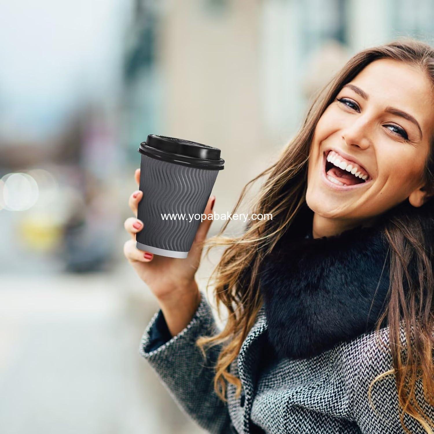 Wholesale 100 Pack 12 oz Insulated Ripple Wall Disposable Paper Coffee Cups with Lids for Hot Cold Drinks Cocoa Chocolate Grey Factory