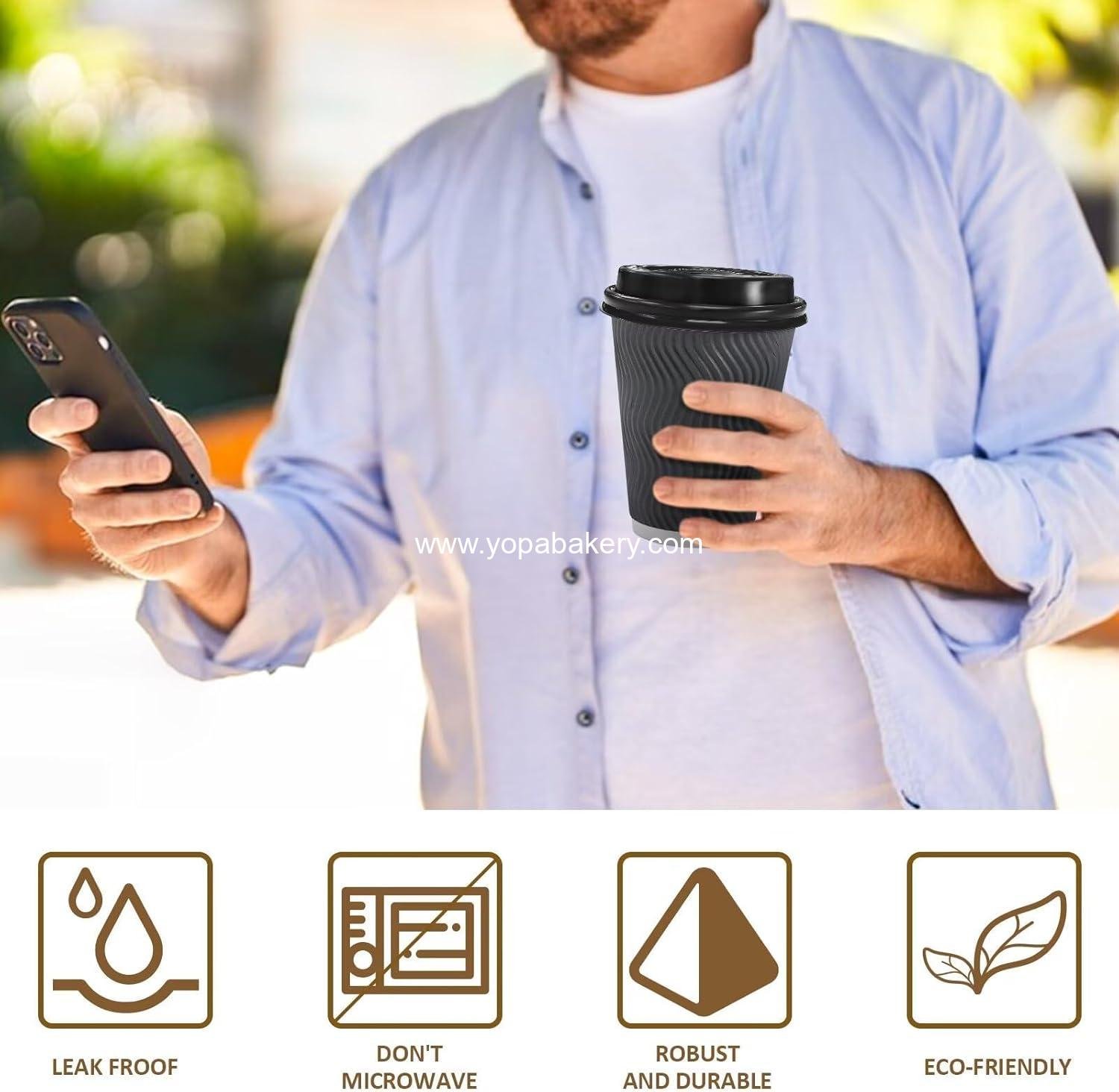 Wholesale 100 Pack 12 oz Insulated Ripple Wall Disposable Paper Coffee Cups with Lids for Hot Cold Drinks Cocoa Chocolate Grey Factory