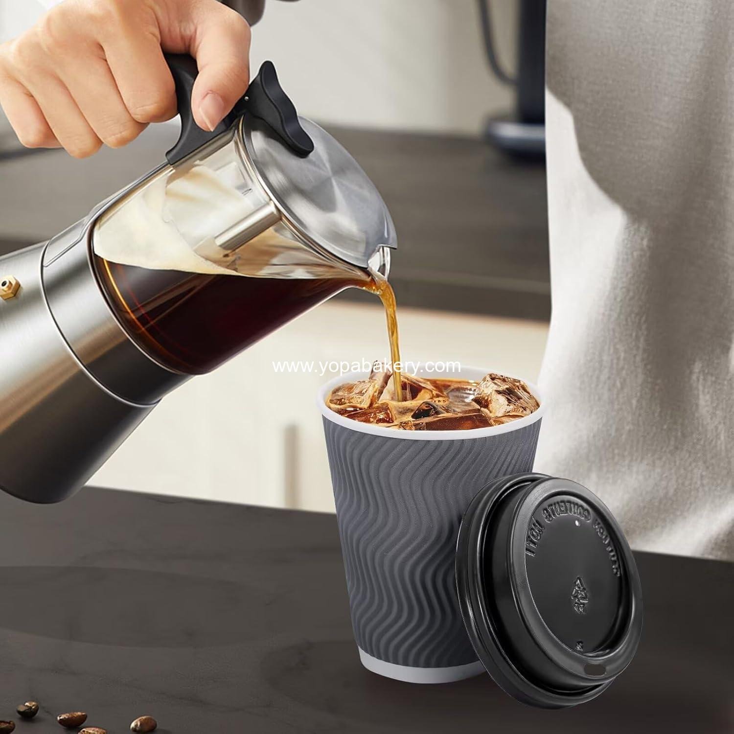 Wholesale 100 Pack 12 oz Insulated Ripple Wall Disposable Paper Coffee Cups with Lids for Hot Cold Drinks Cocoa Chocolate Grey Factory