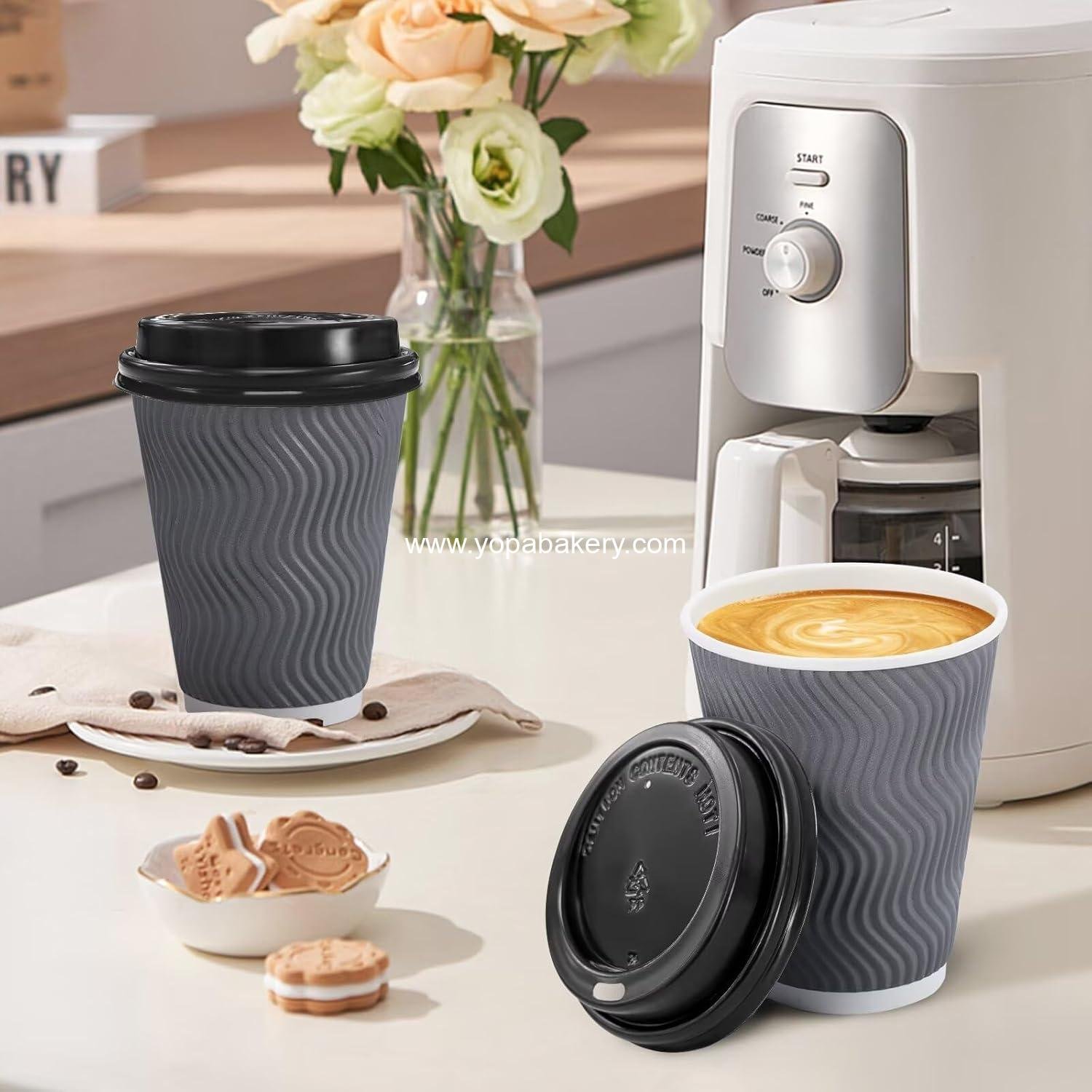 Wholesale 100 Pack 12 oz Insulated Ripple Wall Disposable Paper Coffee Cups with Lids for Hot Cold Drinks Cocoa Chocolate Grey Factory