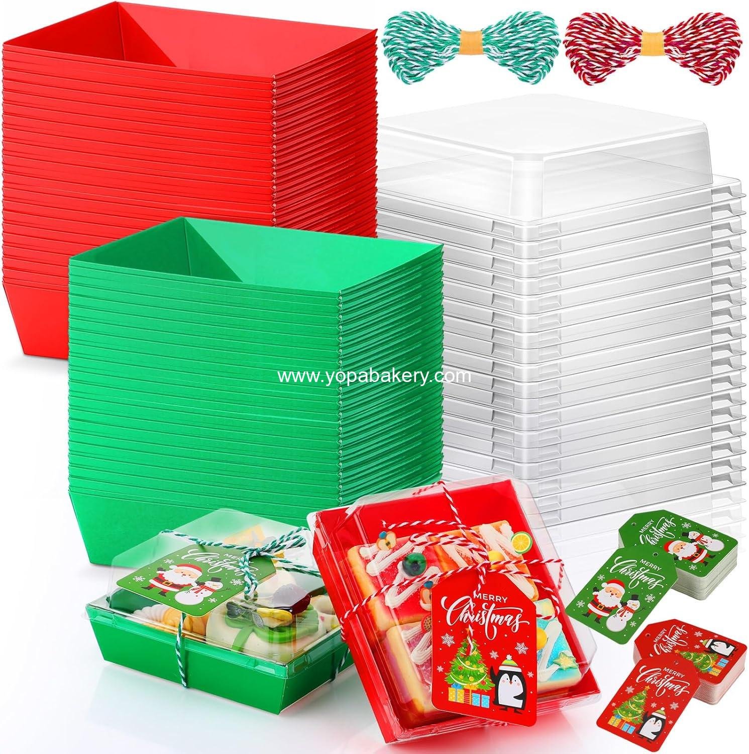 OEM 100 Pcs Christmas Charcuterie Boxes with Ropes and Cards, Clear Lid Disposable Paper Dessert Containers for Xmas Party Favors, Cookies, Cakes, and Sandwiches (Classic) - Factory