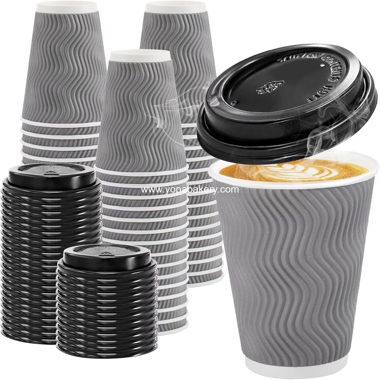 Wholesale 100 Pack 12 oz Insulated Ripple Wall Disposable Paper Coffee Cups with Lids for Hot Cold Drinks Cocoa Chocolate Grey Factory