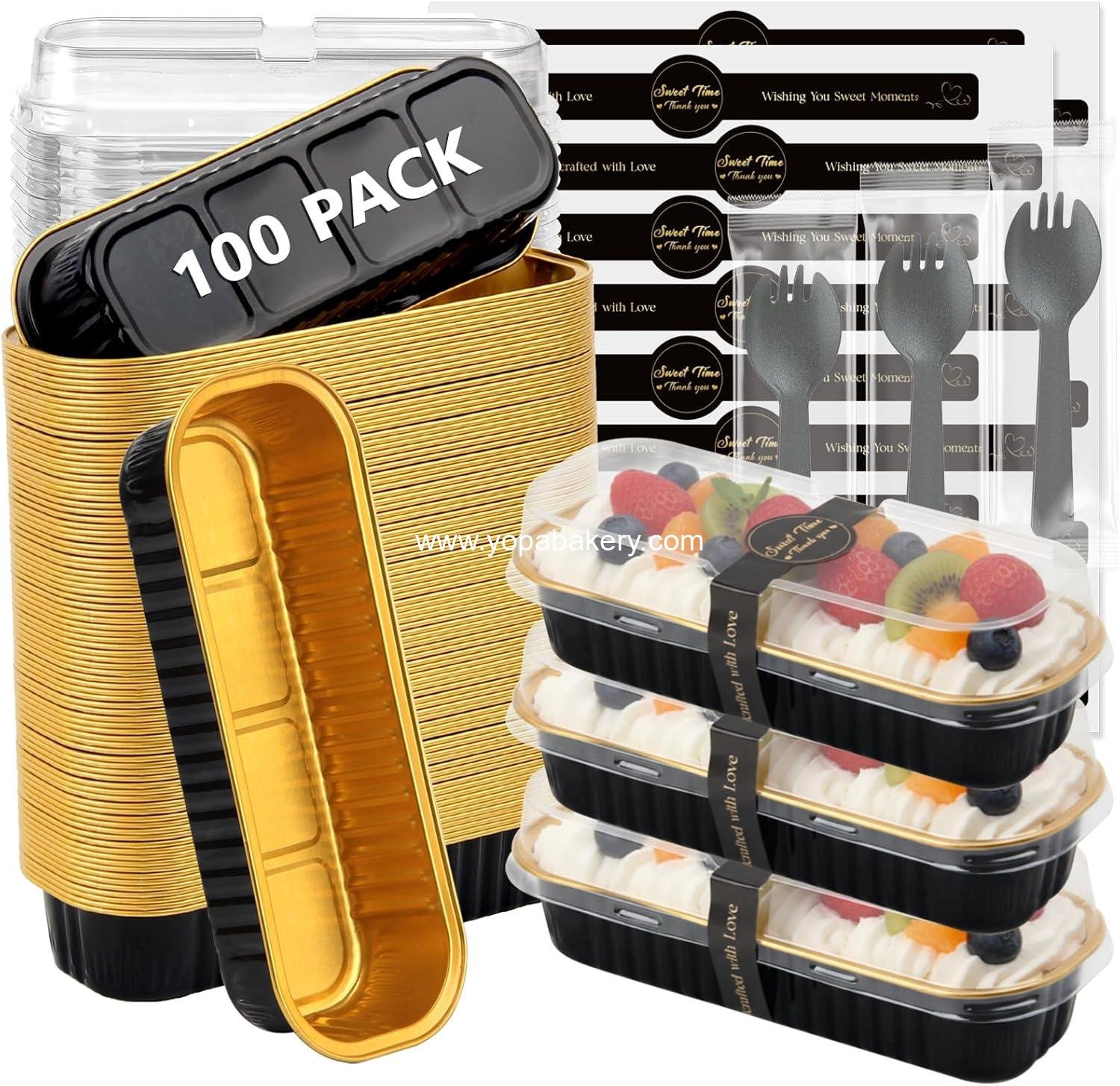 Wholesale 100 Pack Mini Loaf Baking Pans with Lids and Spoons, Disposable Aluminum Foil Rectangle Pans for Home, Parties, and Picnics (Black Gold) Factory