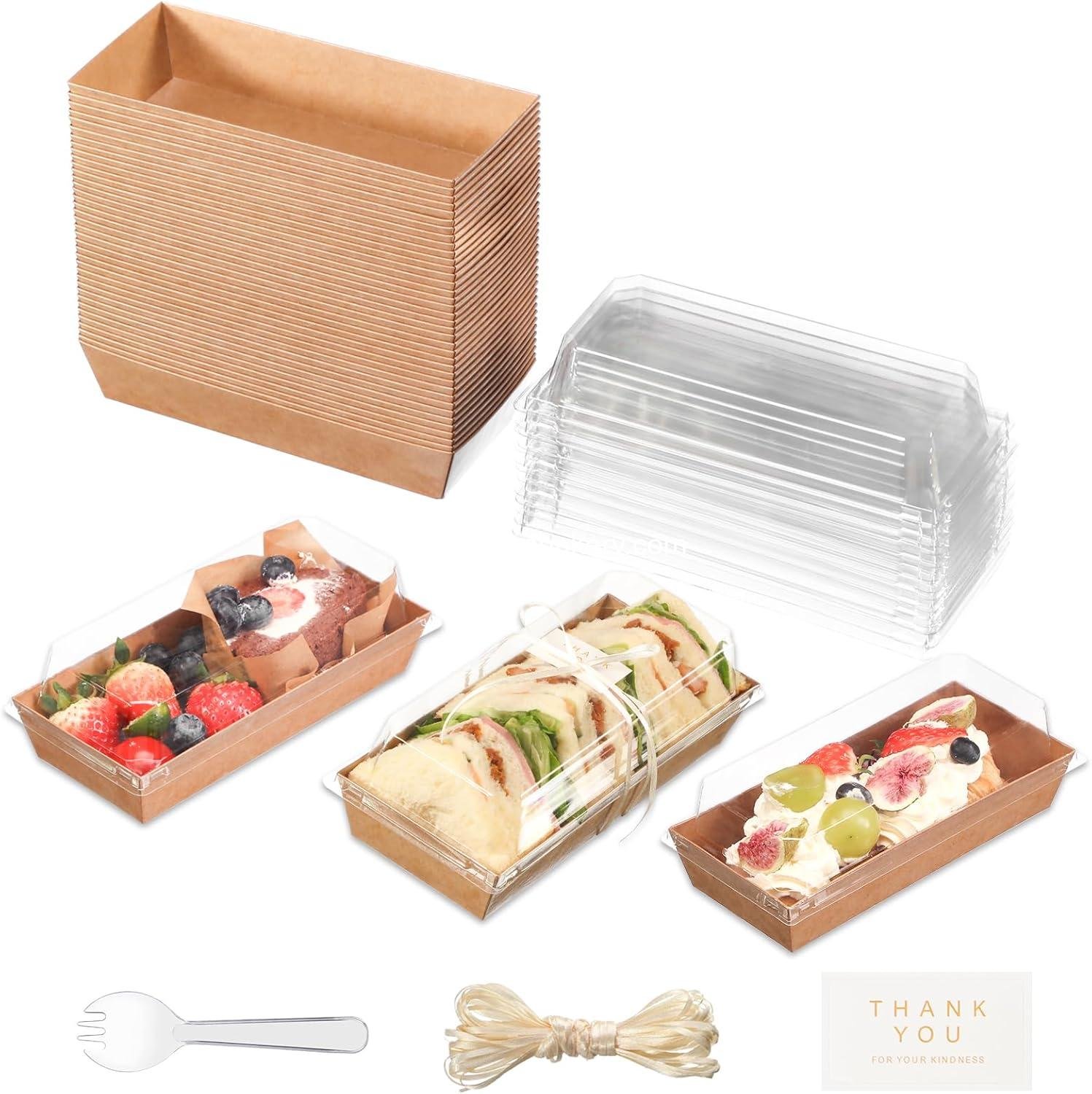 Wholesale 100 Pcs Small Charcuterie Boxes with Clear Lids and Forks - Disposable Paper Rectangle Containers, 7 Inch Dessert Boxes for Cookies, Cake Slices, Strawberries (Brown) Factory
