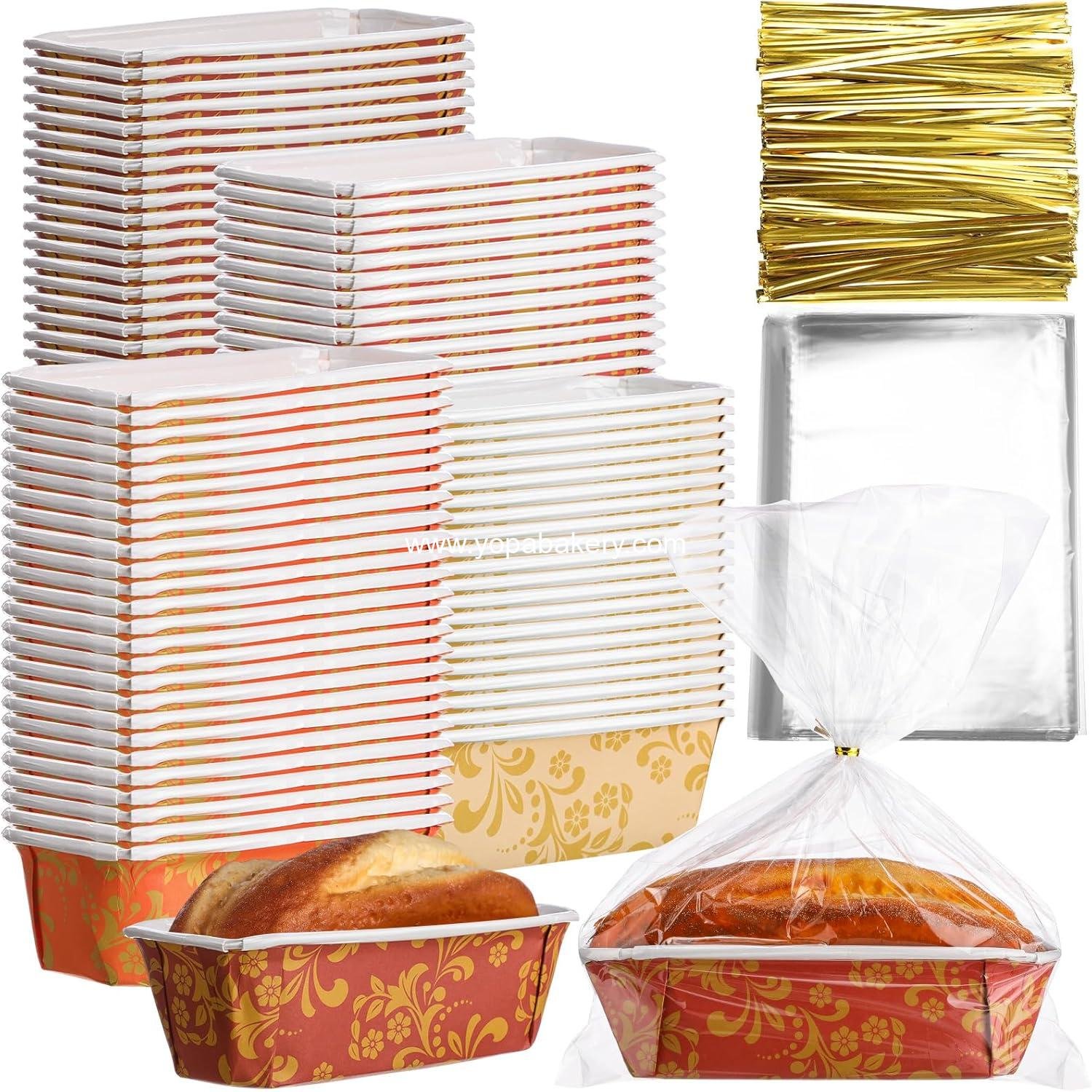Wholesale 100 Sets Paper Loaf Pans for Baking 6.3 x 2.2 x 2.2 Inch Mini Disposable Cake Liners with Clear Plastic Bags and Ties for Fall and Christmas Rectangle Bread Mold for Bakery Factory