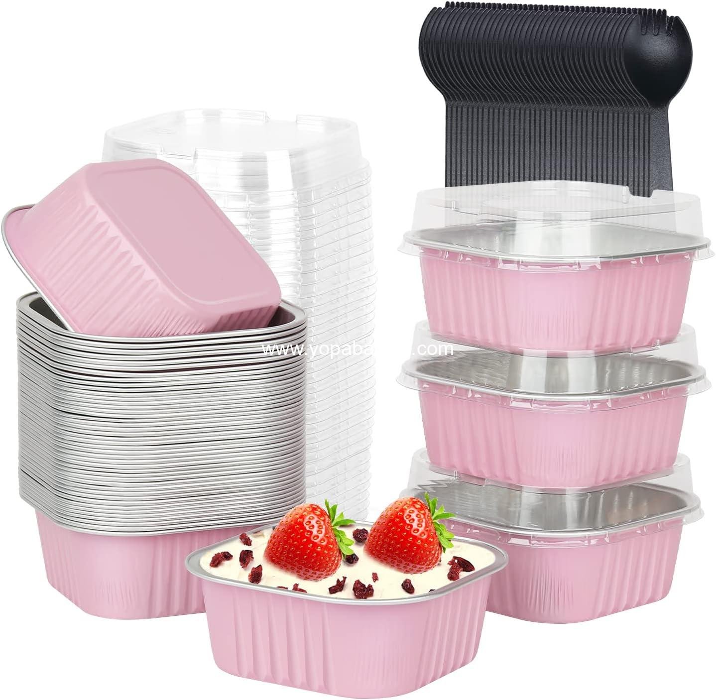 Wholesale 10oz Mini Cake Pans with Lids, 40 Pack Aluminum Foil Square Brownie Baking Cups, Disposable 4”x4” Jumbo Muffin Tin Ramekins Holders - Pink, Factory