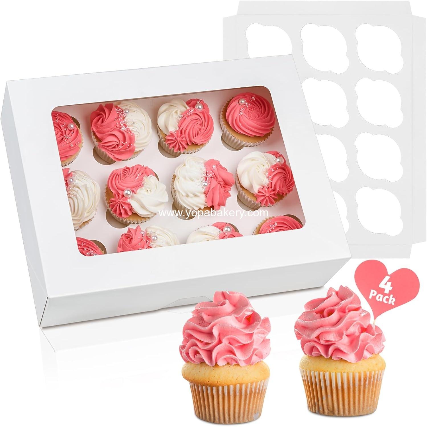 Wholesale 12 Count Cupcake Boxes - 4 Pack Auto-Popup White Containers with Window and Inserts for Dozen Cupcakes and Muffins - Factory